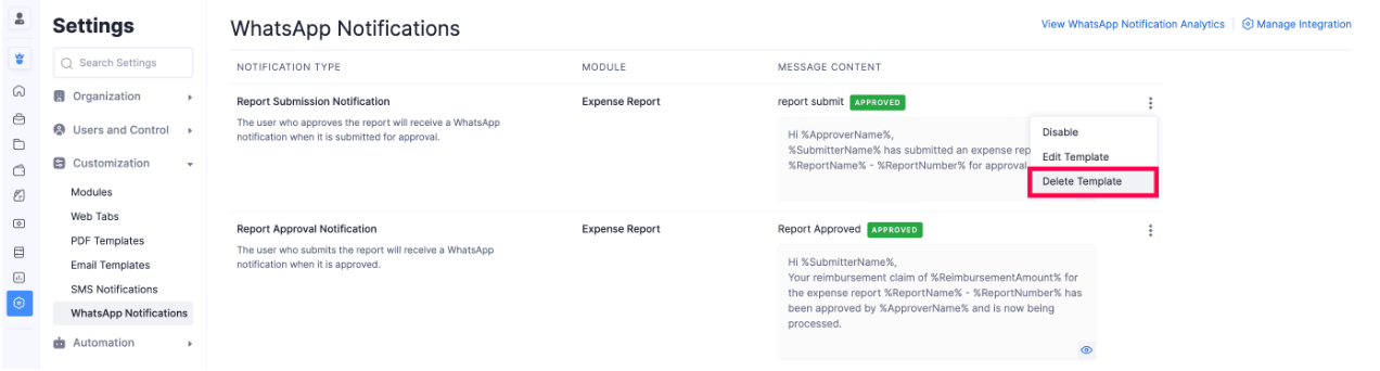 Delete WhatsApp template