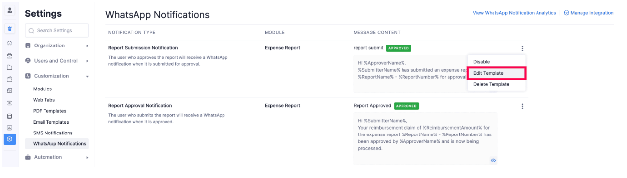 Edit Whatsapp template