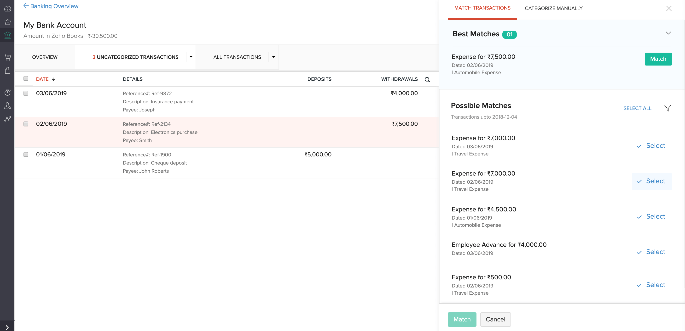 Matching reimbursements in books