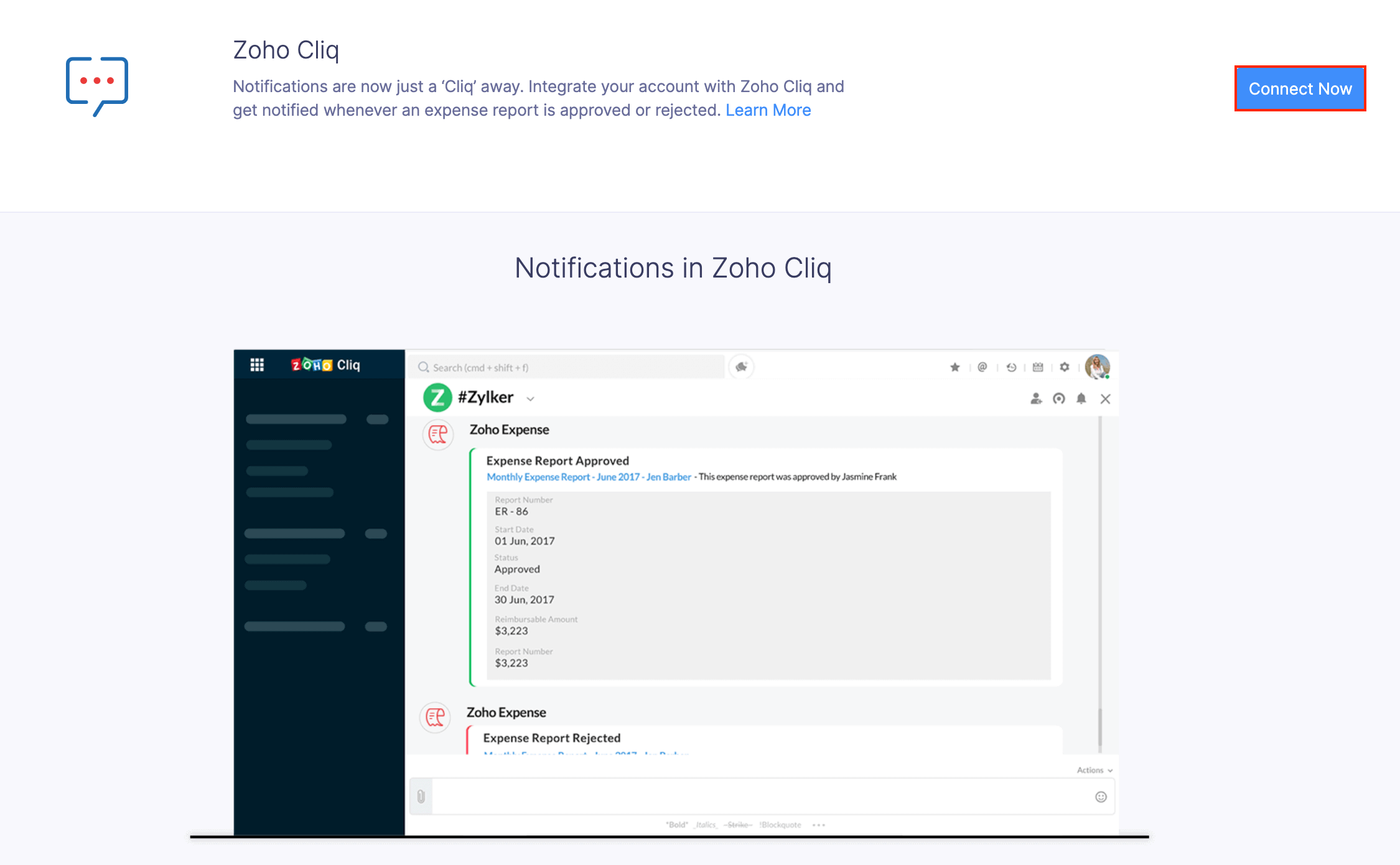 Integrate Zoho Expense with Zoho Cliq