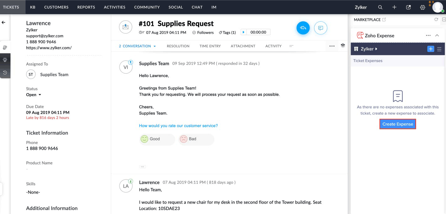 Create Expense from Zoho Desk