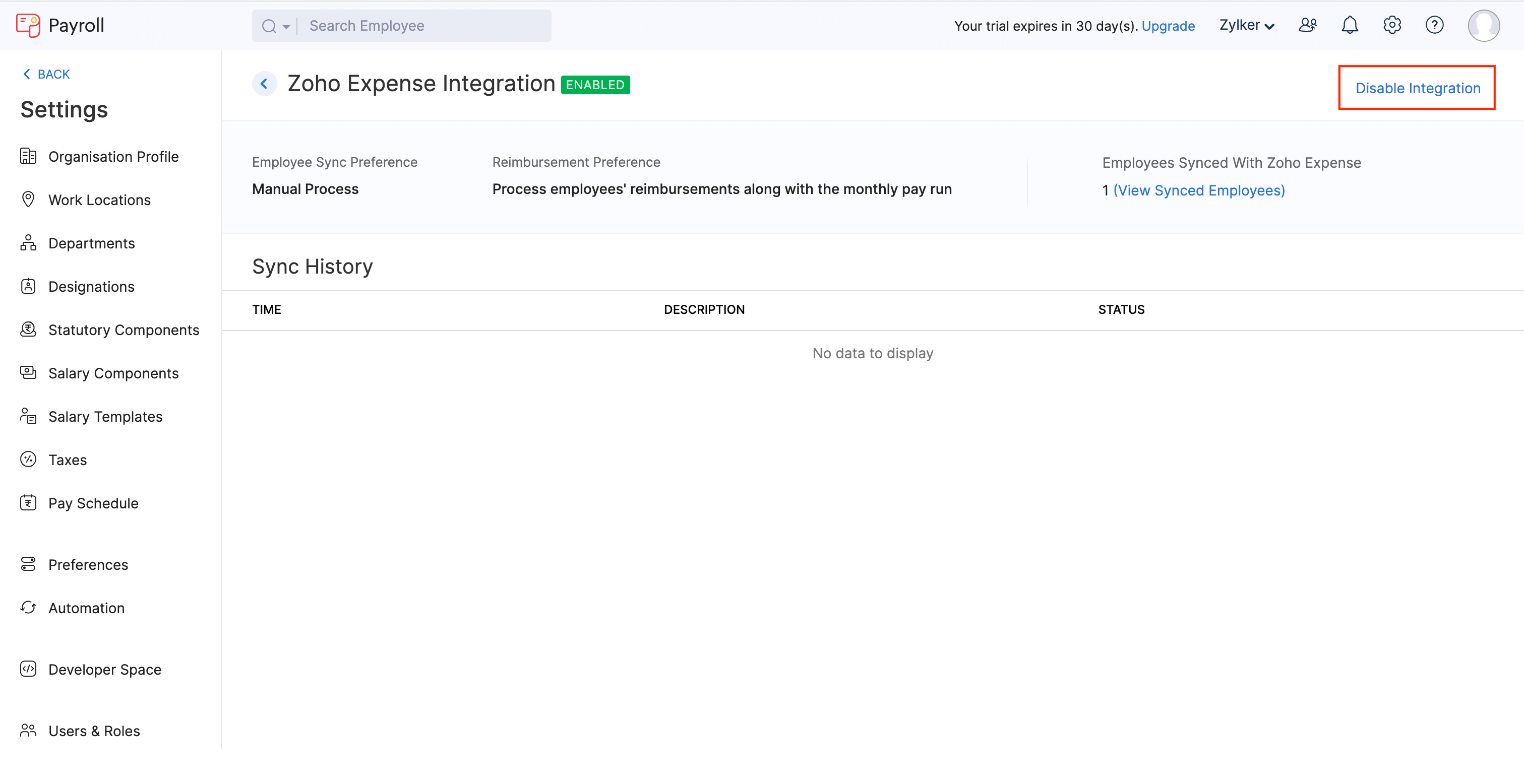 Disable the Integration