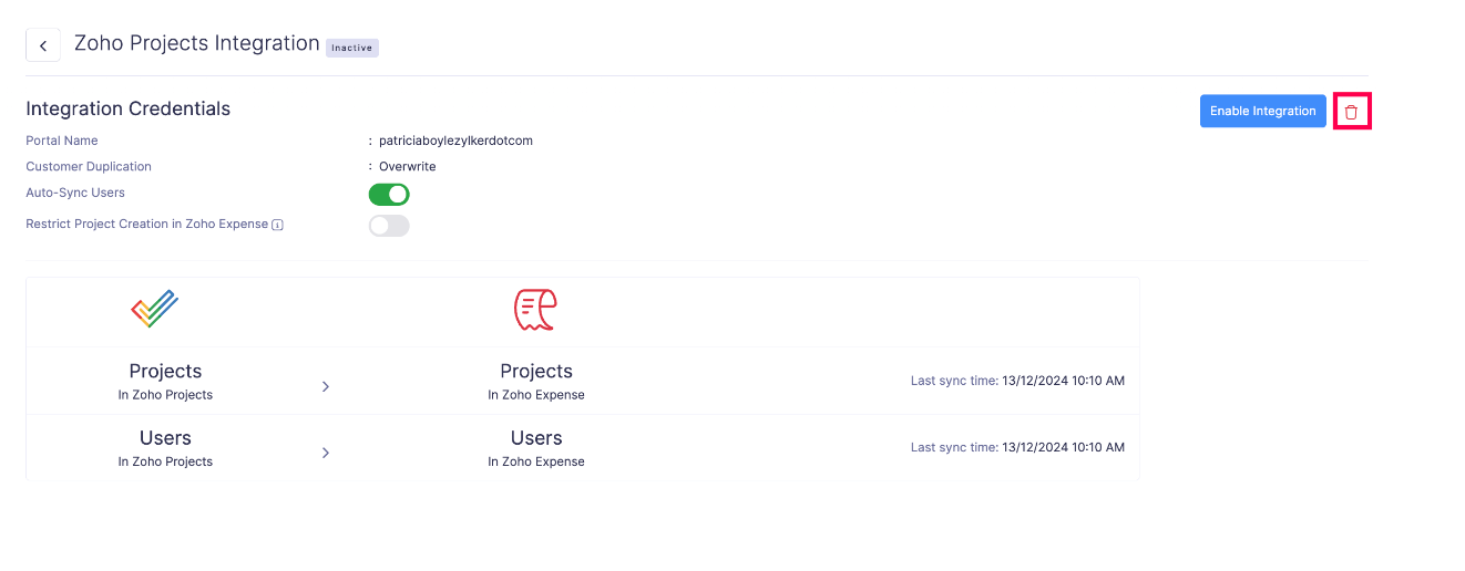 Delete Zoho Projects Integration
