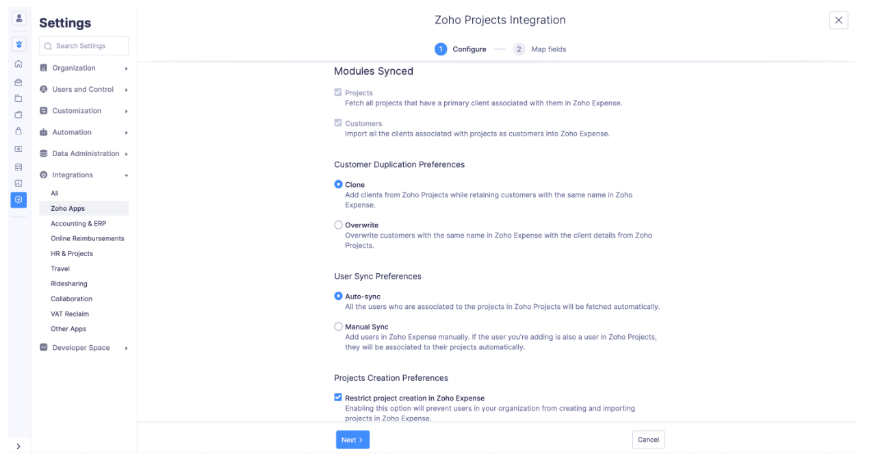 Choose the Zoho Projects Preference