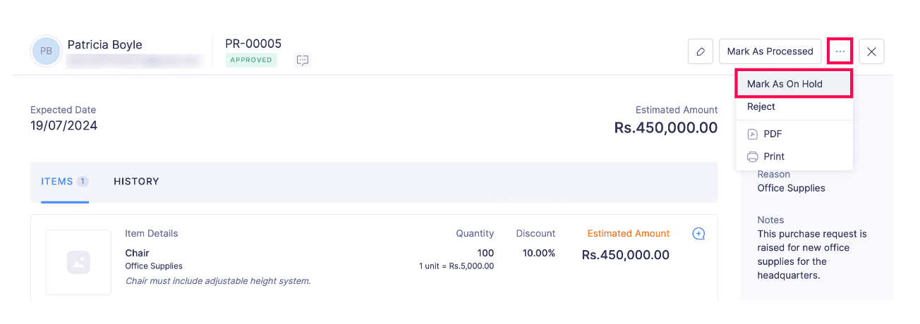 Mark Purchase Request as On Hold