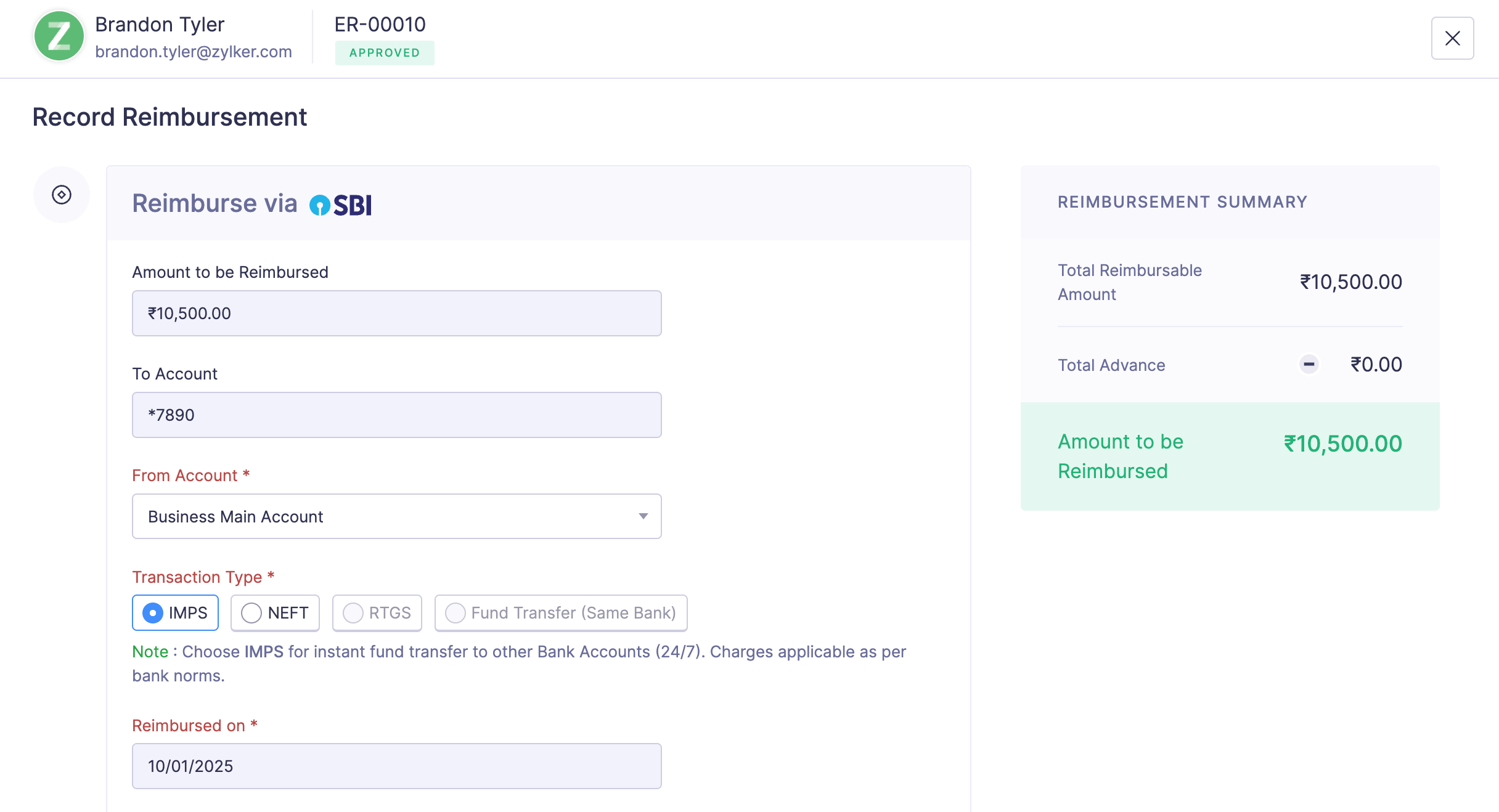 Record reimbursement via SBI Bank