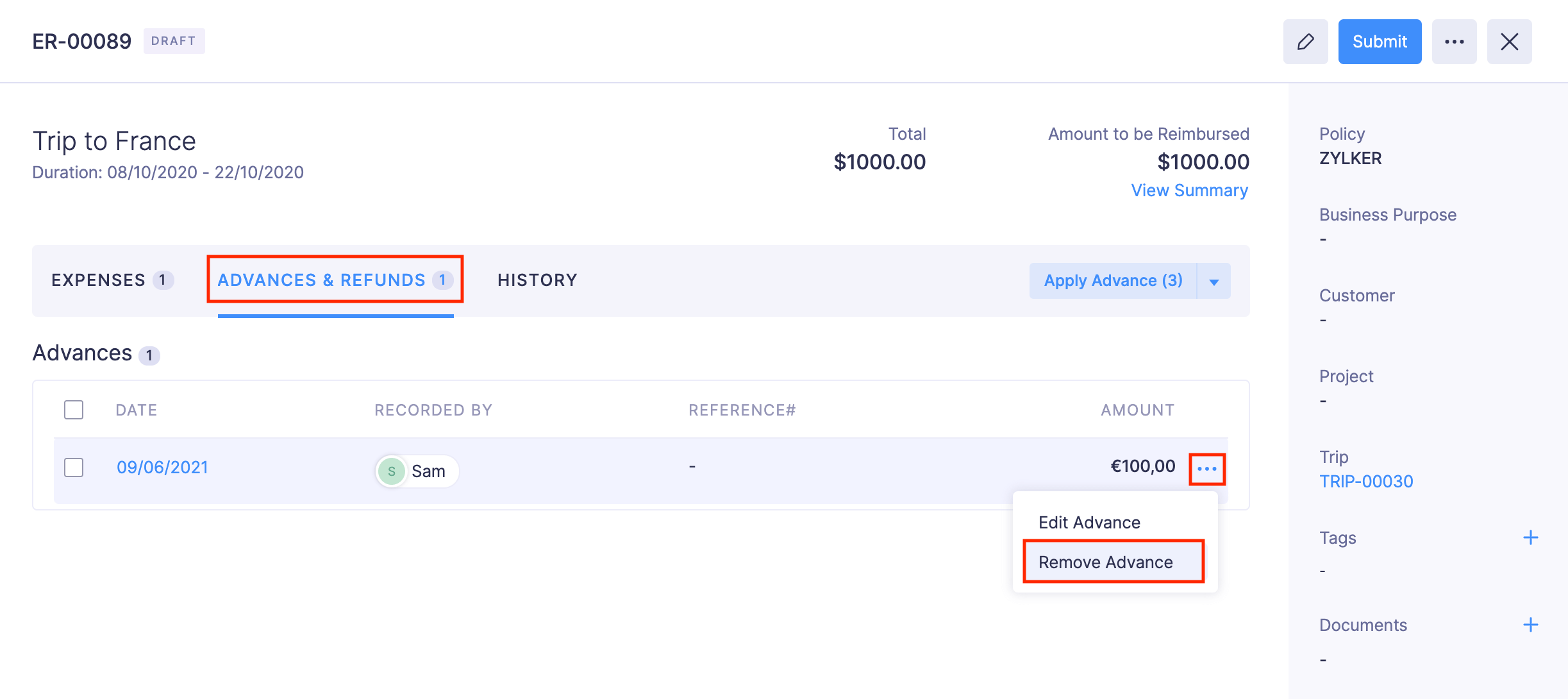 Remove Advance from Report