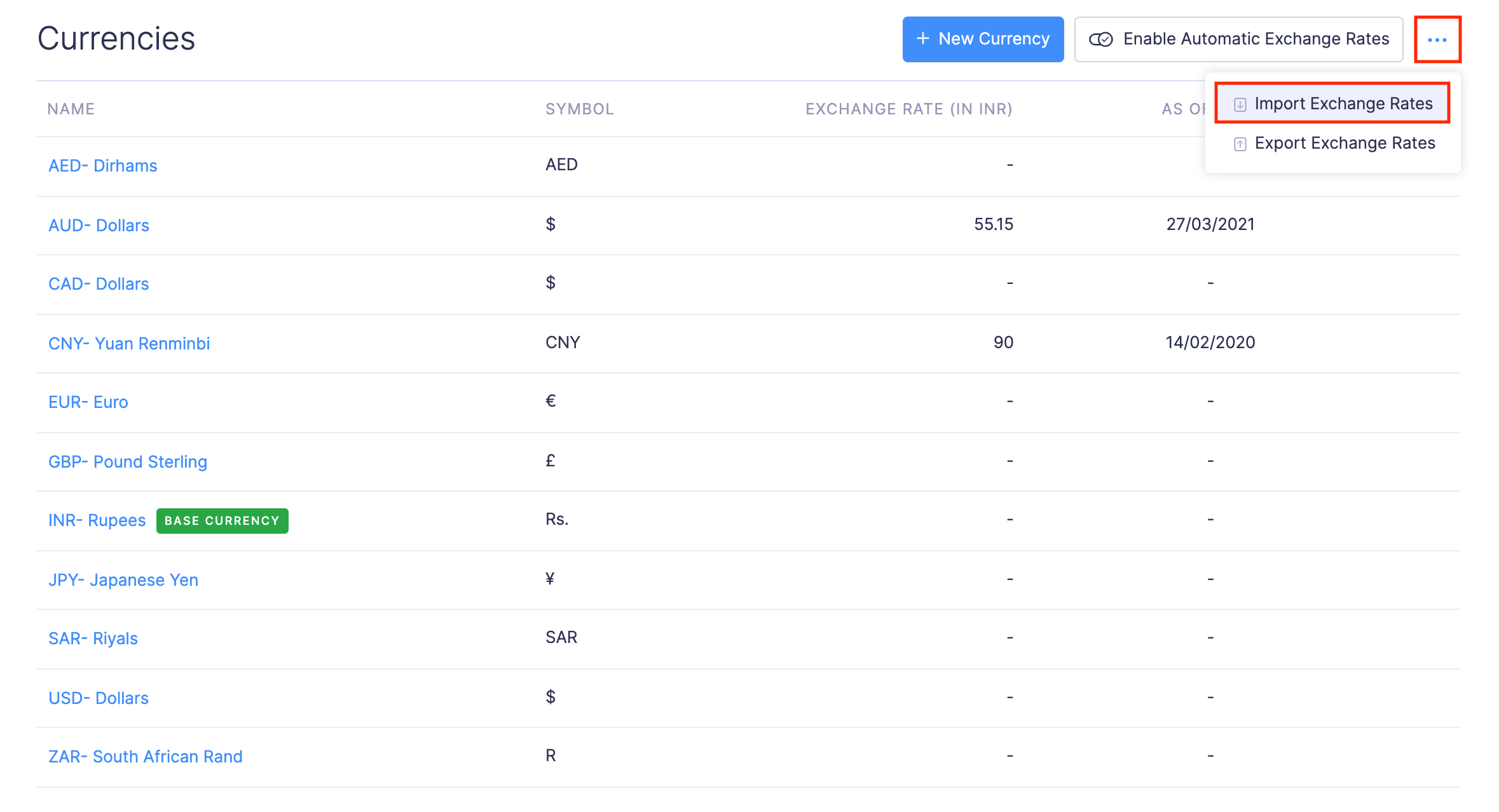 Import Exchange Rates