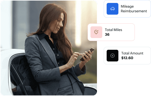 A woman looking at her phone screen along with icons for mileage reimbursement, miles driven, and reimbursement amount