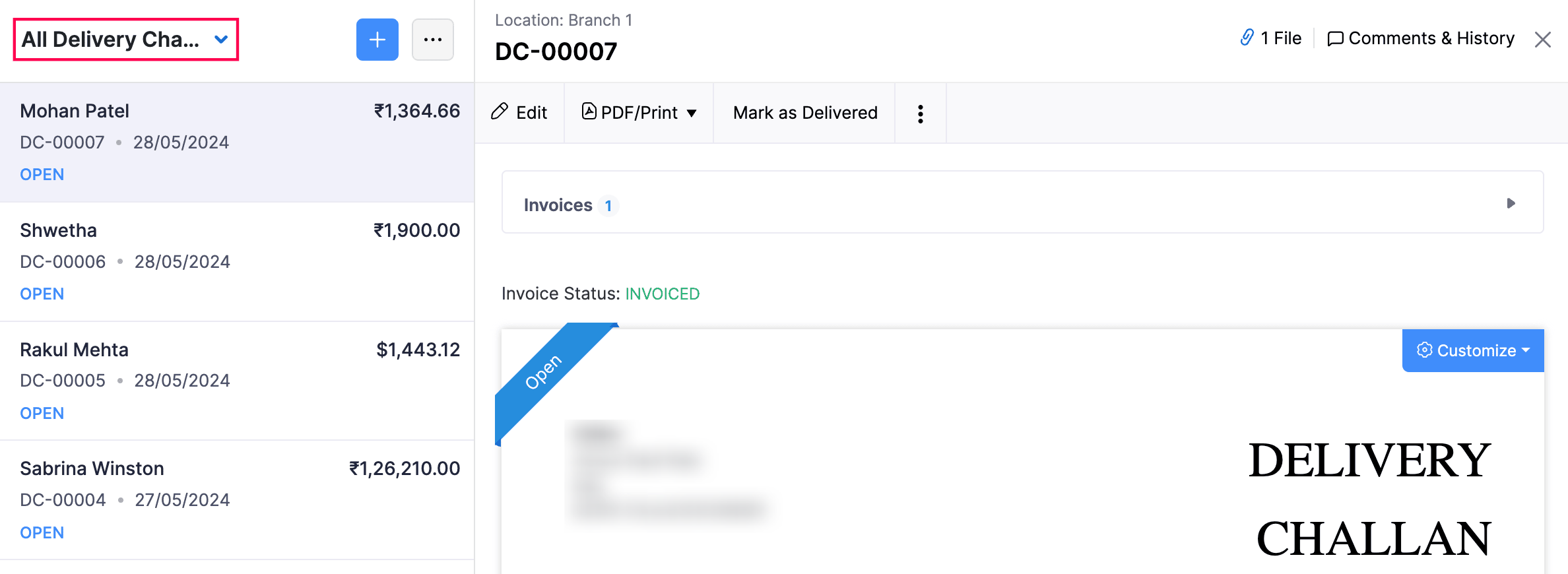 Filter Delivery Challans