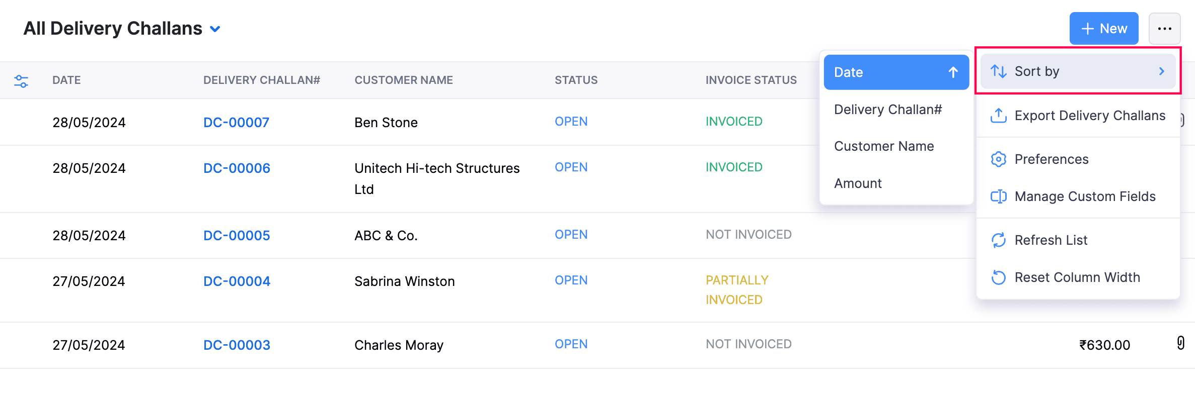 Sort Delivery Challans