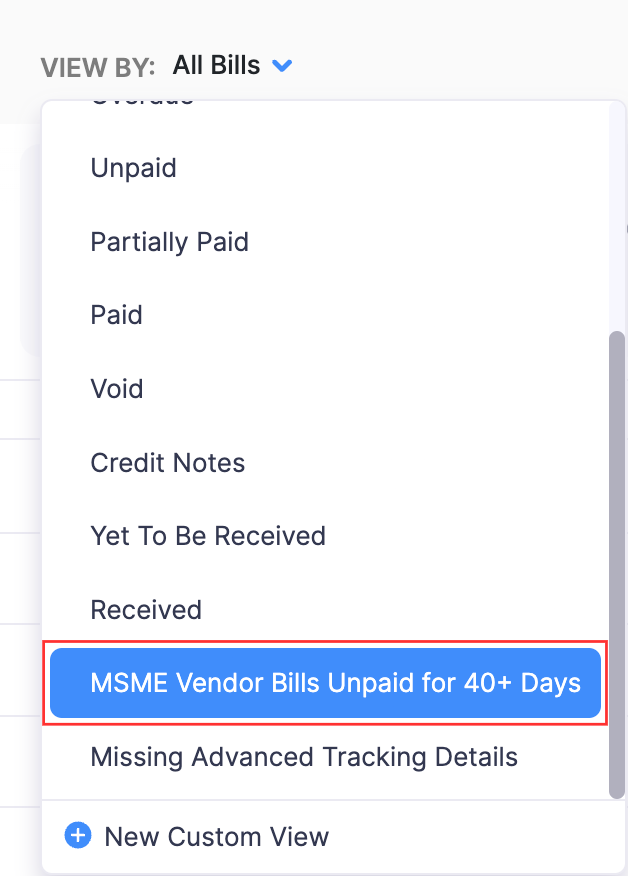 MSME Vendor Bills Unpaid for 40+ Days custom view