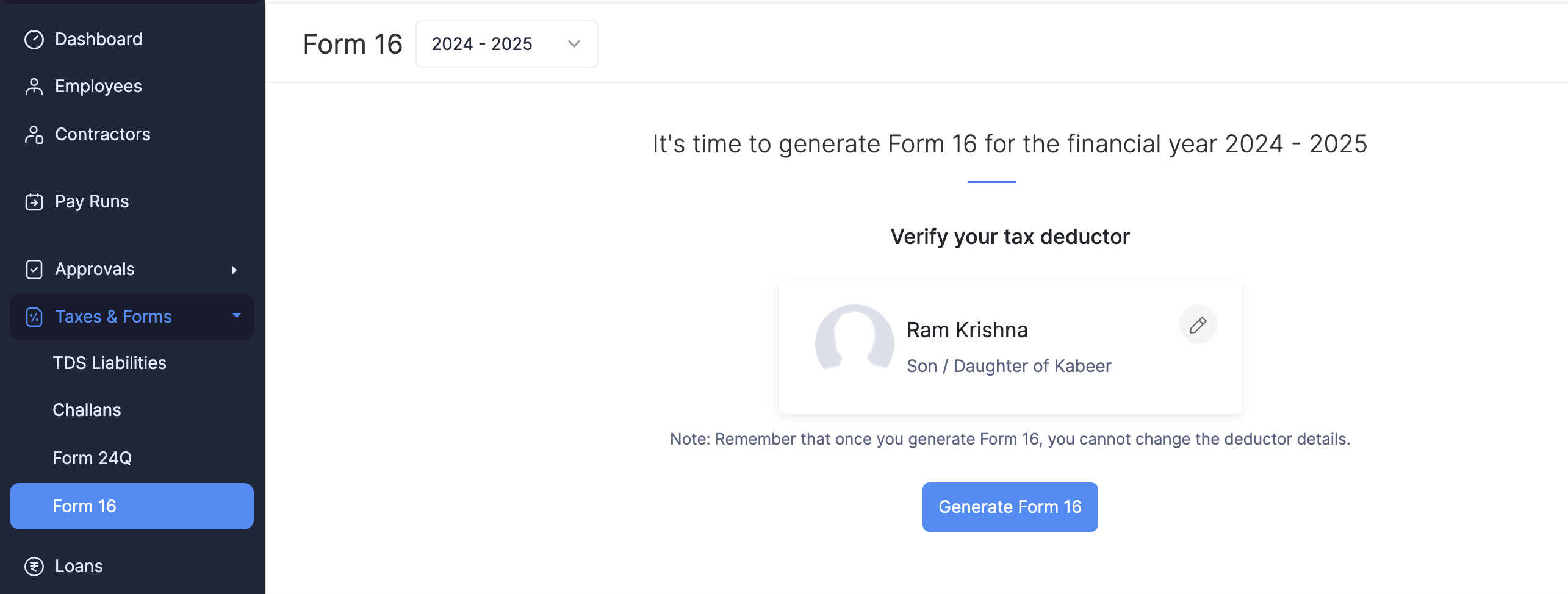 Generate Form 16