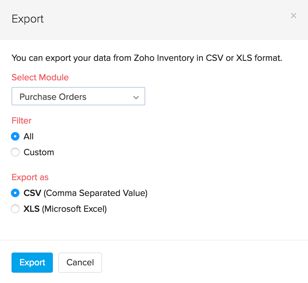 screen shot of the export page