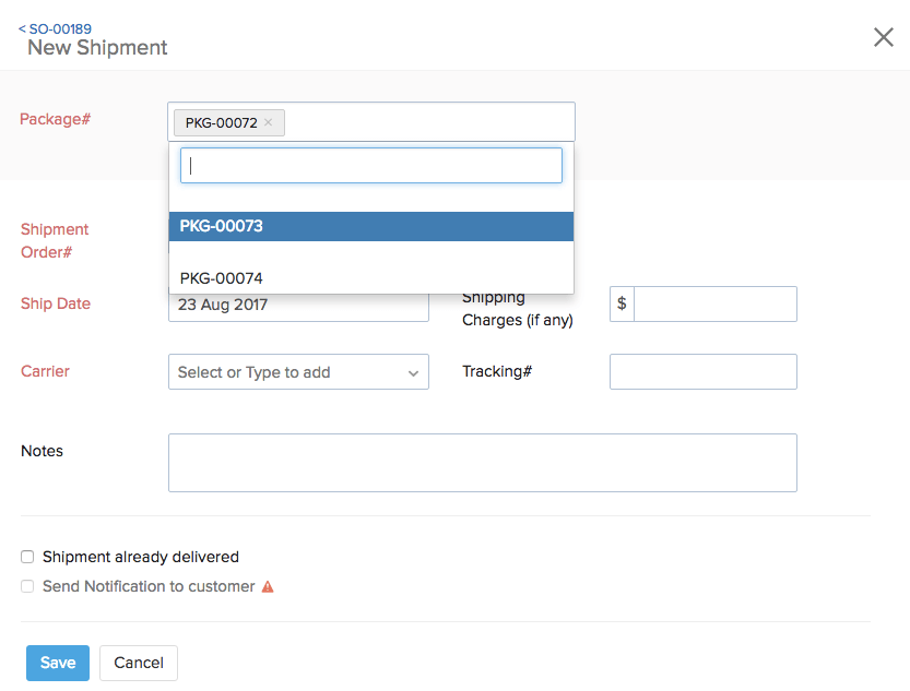 Image of Packages dropdown