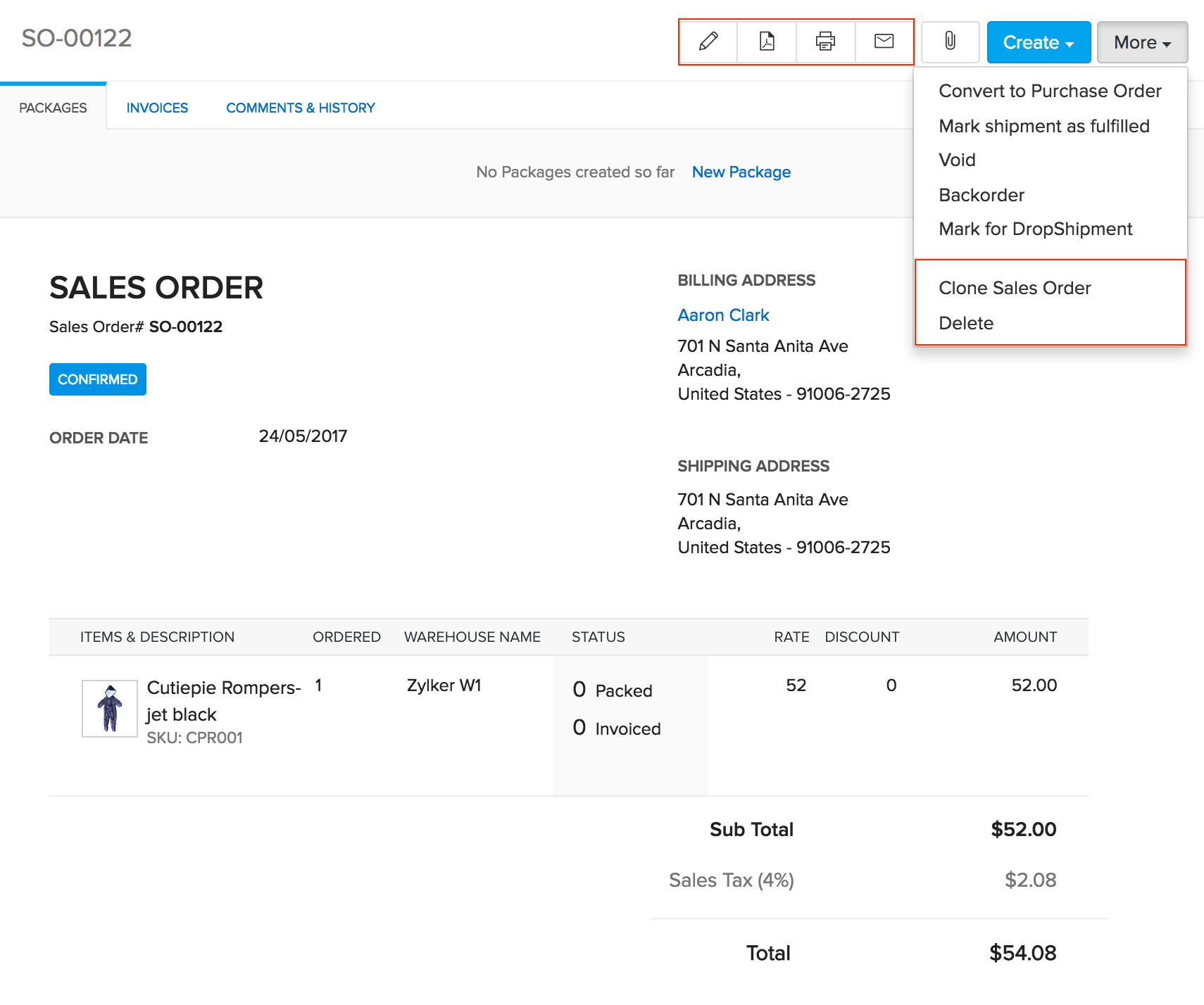 edit option in a sales order