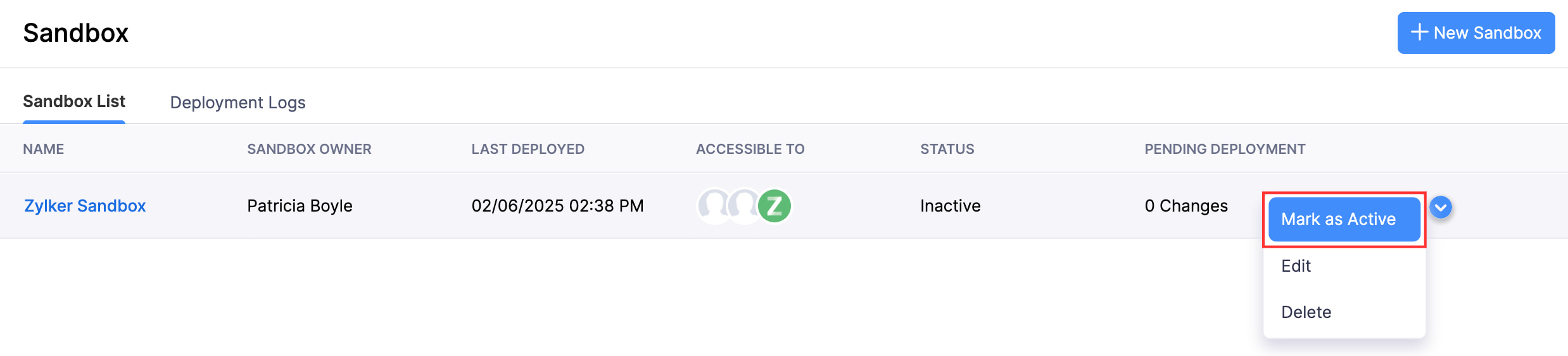 The Sandbox List tab of a sandbox. To mark an inactive sandbox as active, hover it, click the More button and click Mark as Active.