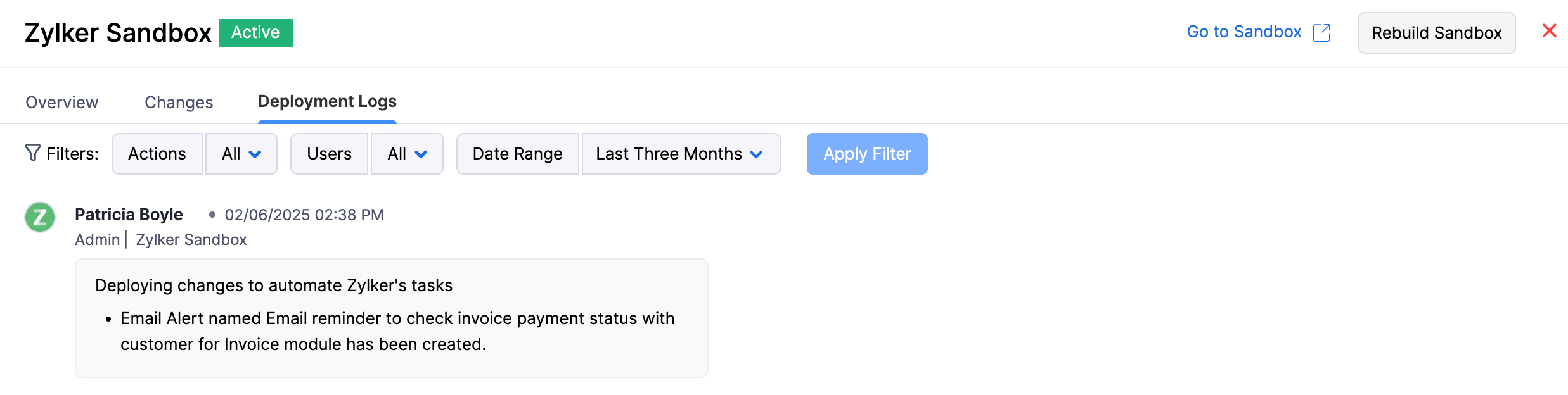 The Deployment Logs tab of a sandbox. You can a view a log of all the changes deployed from the sandbox to the production organization here.