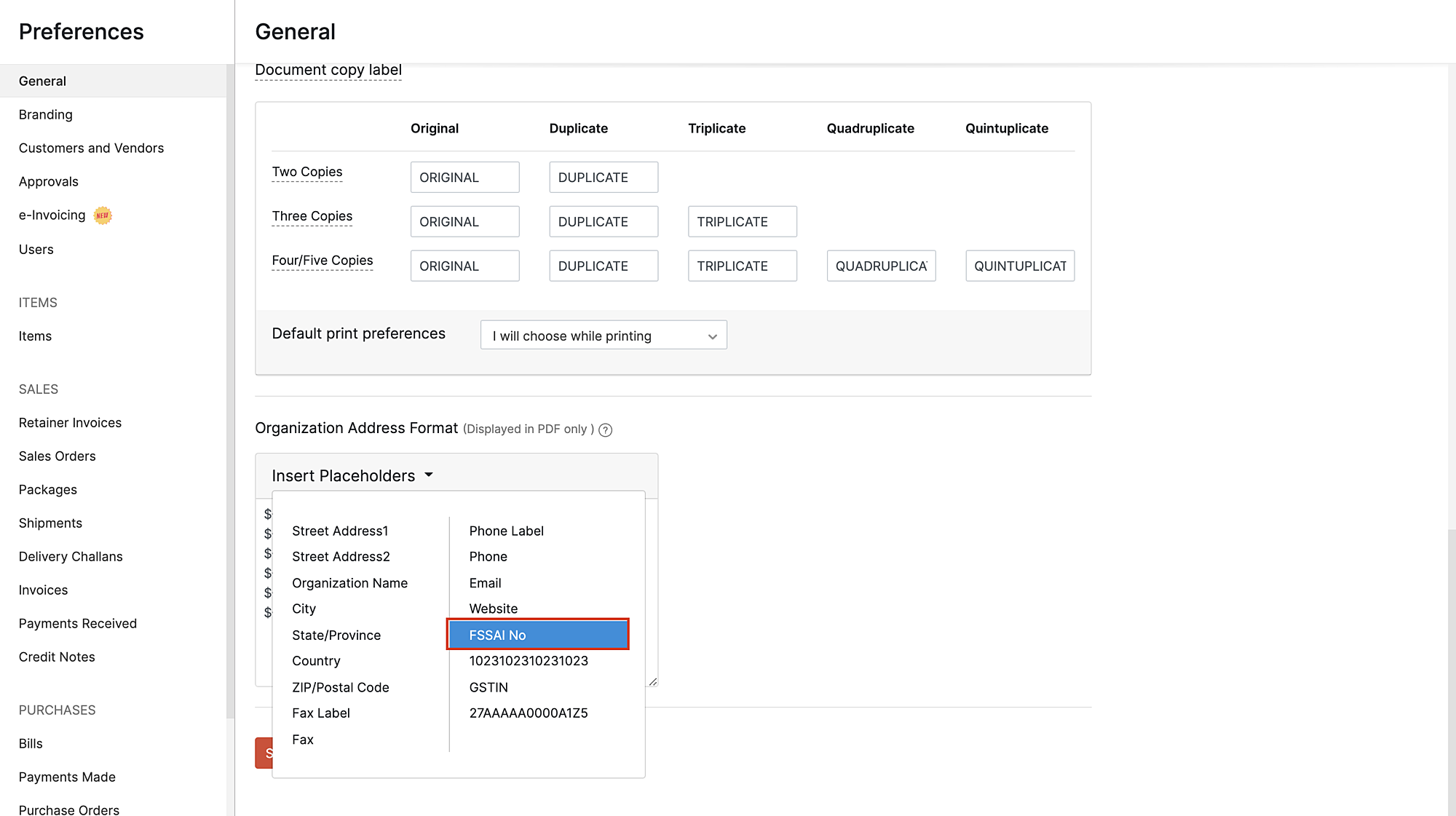Insert FSSAI number in address