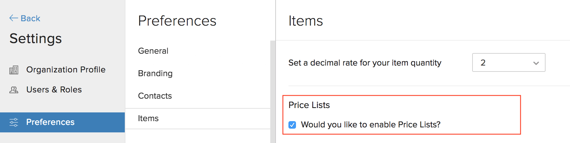 Enable or Disable Price Lists