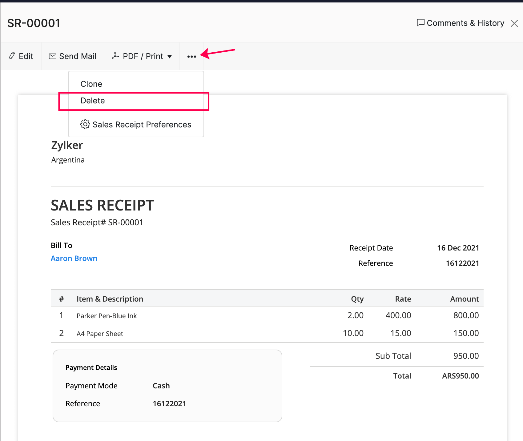 delete sales receipt