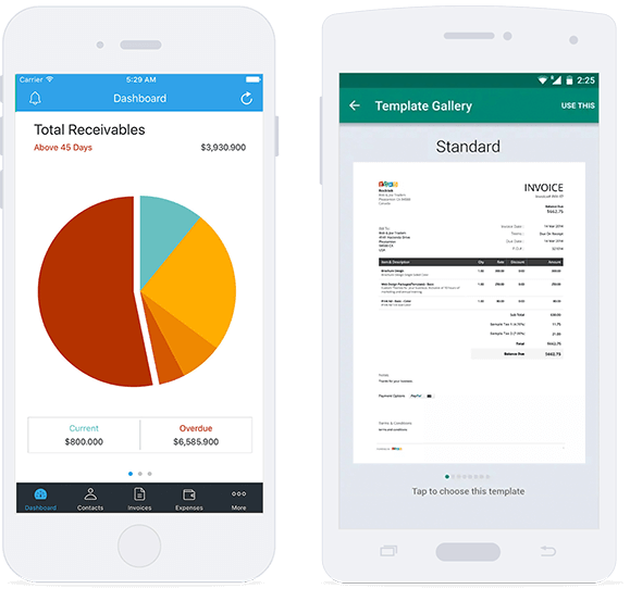 Zoho Invoice mobile app dashboard and template gallery