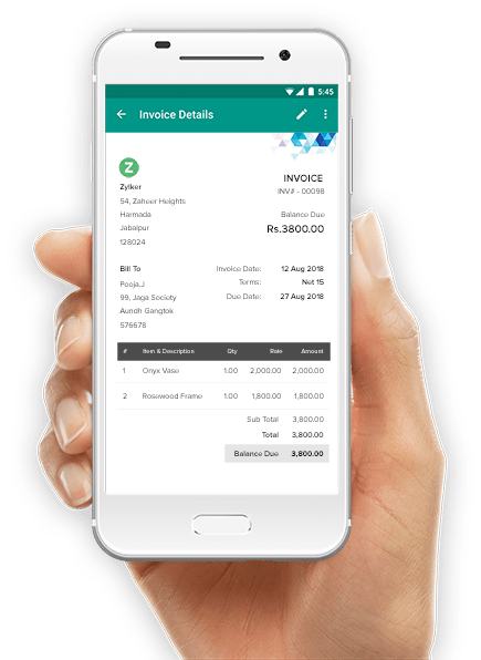 Zoho Invoice mobile app dashboard