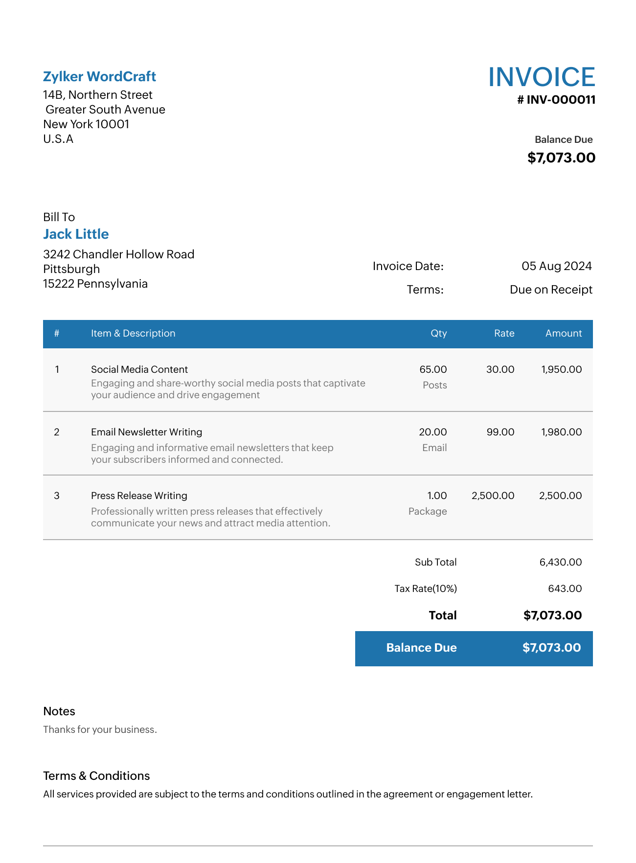Freelance Writer Invoice Template