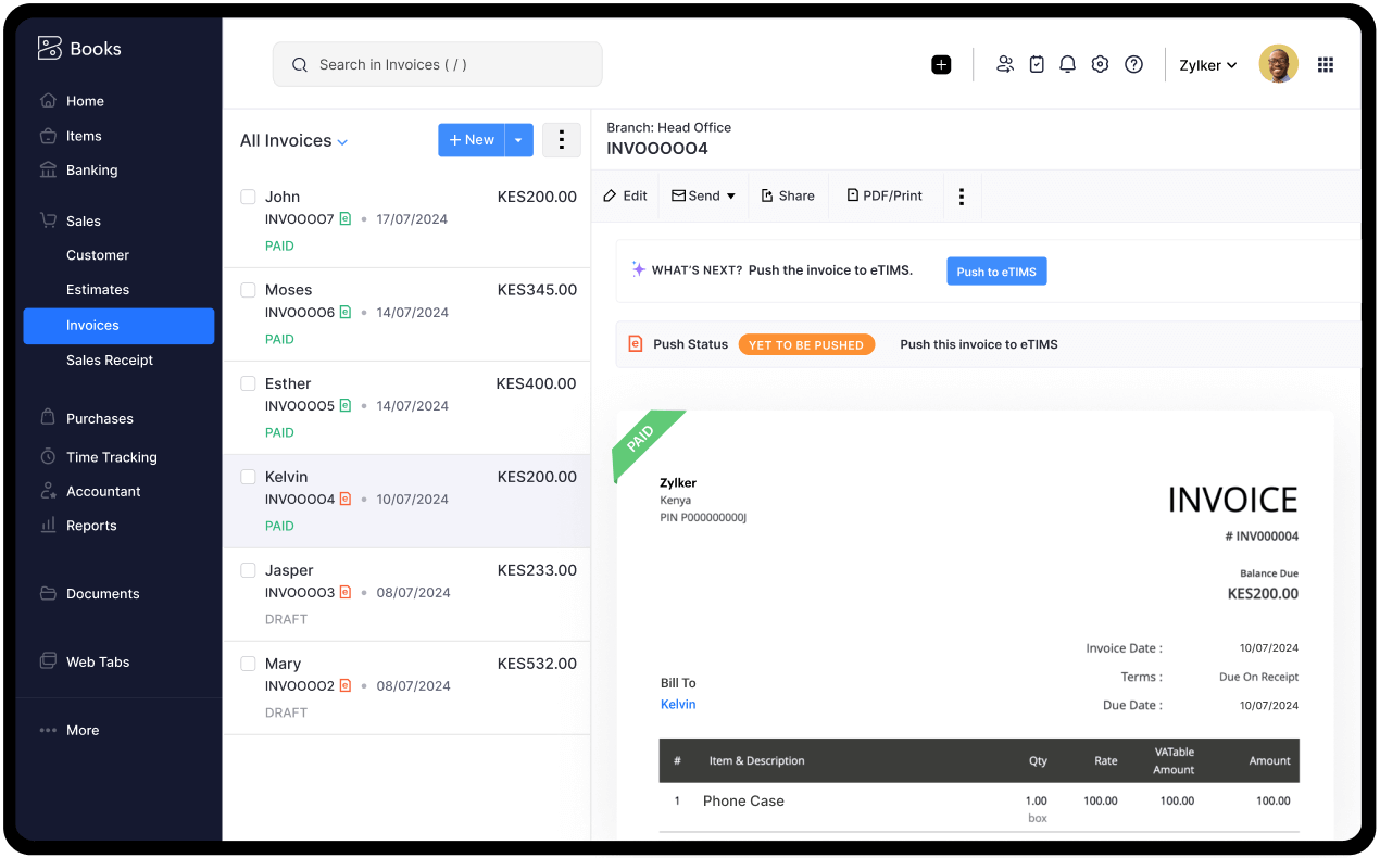 Zoho books dashboard