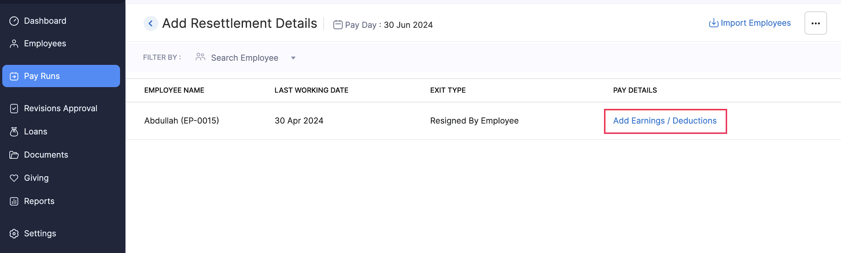 Add Earnings and Deductions for Resettlement Payroll