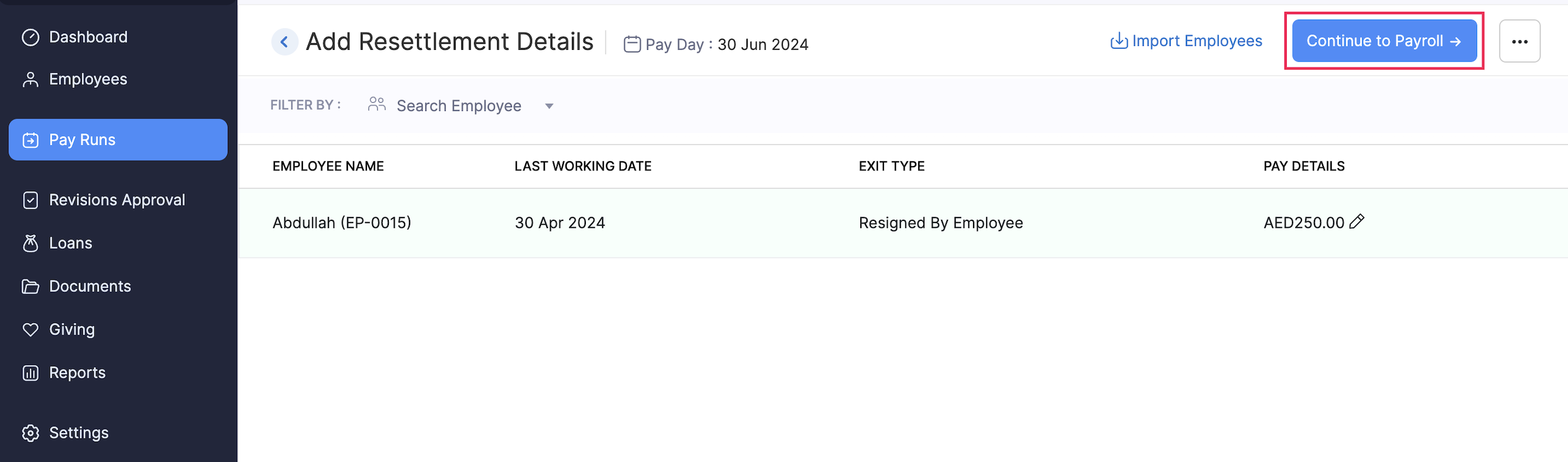 Continue to Resettlment Payroll
