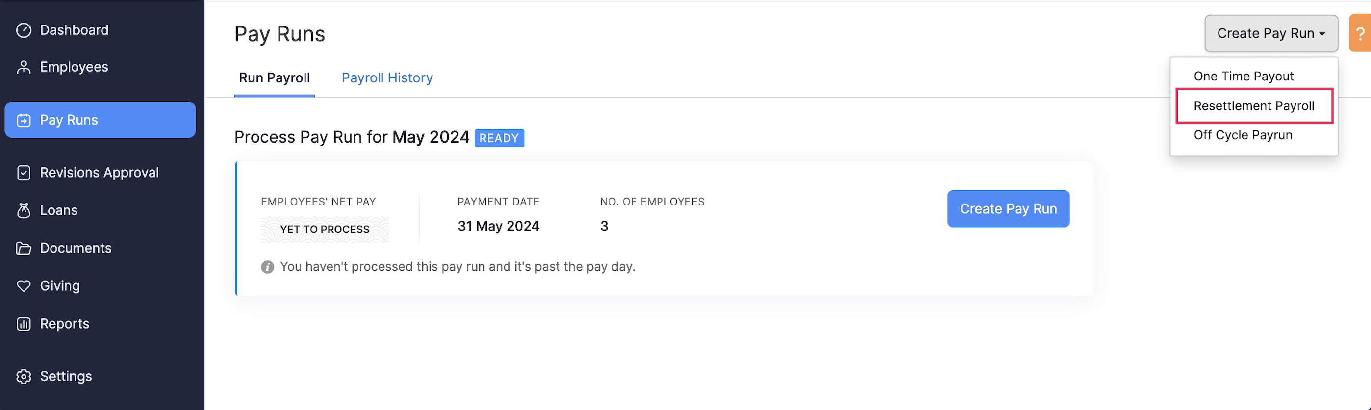 Create a New Resettlement Payroll
