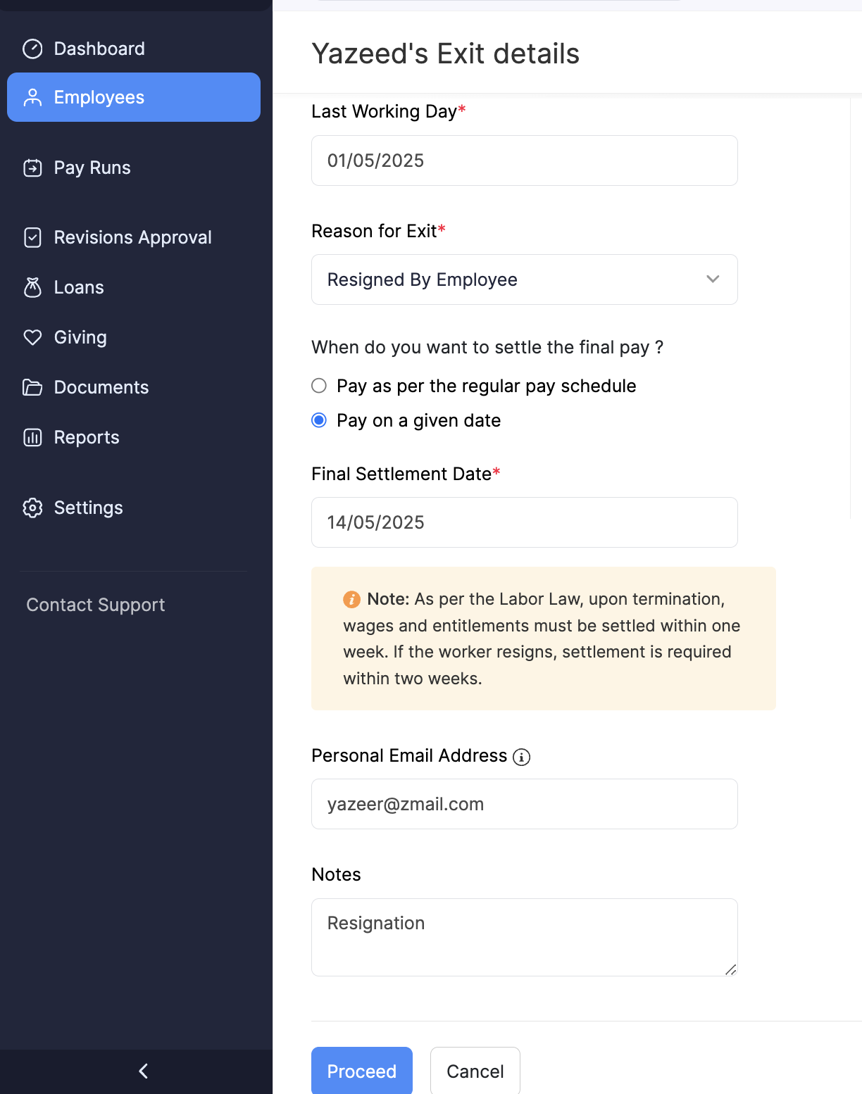 Enter Employee Exit Details