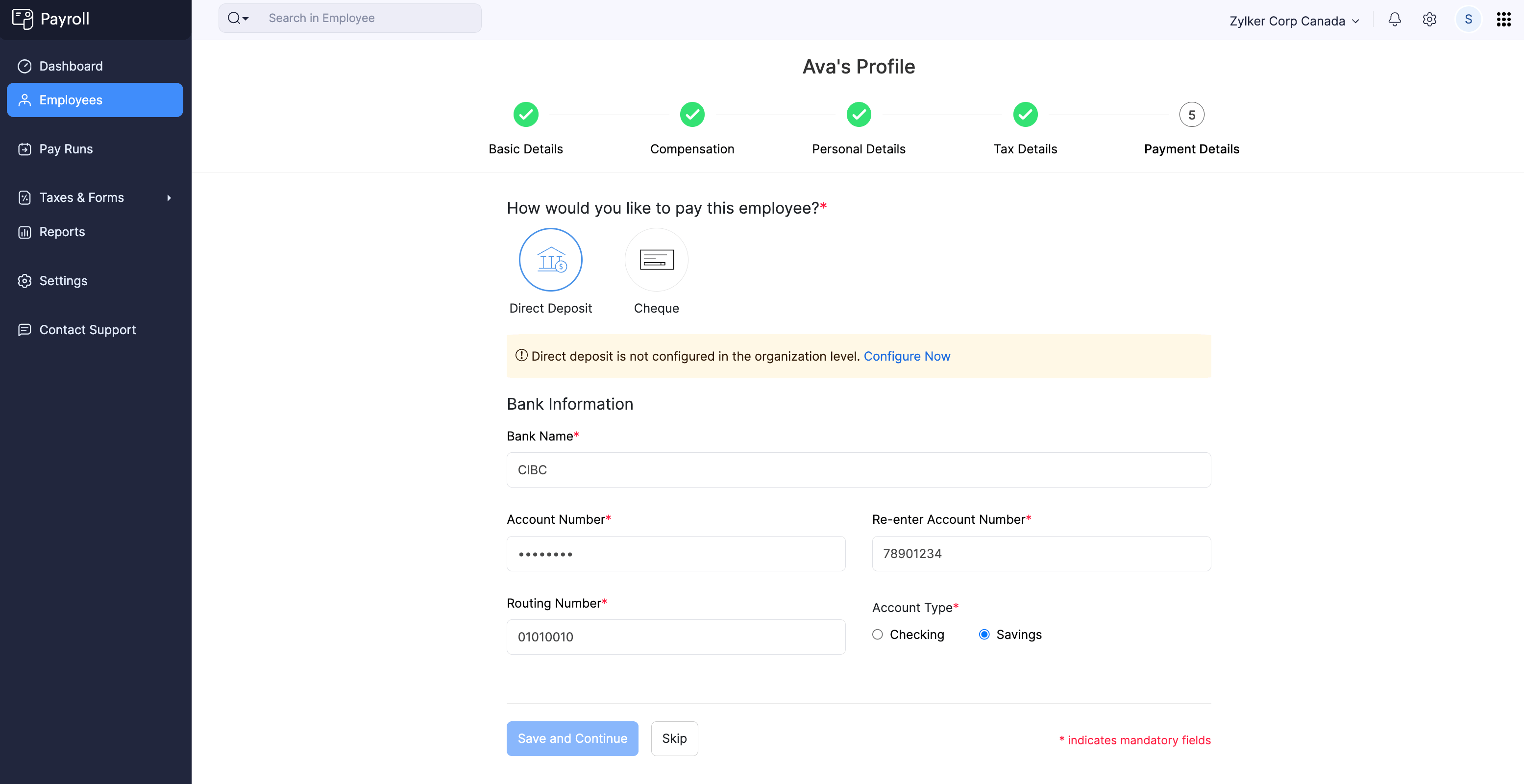 Employee&rsquo;s Bank Information Required for Direct Deposit