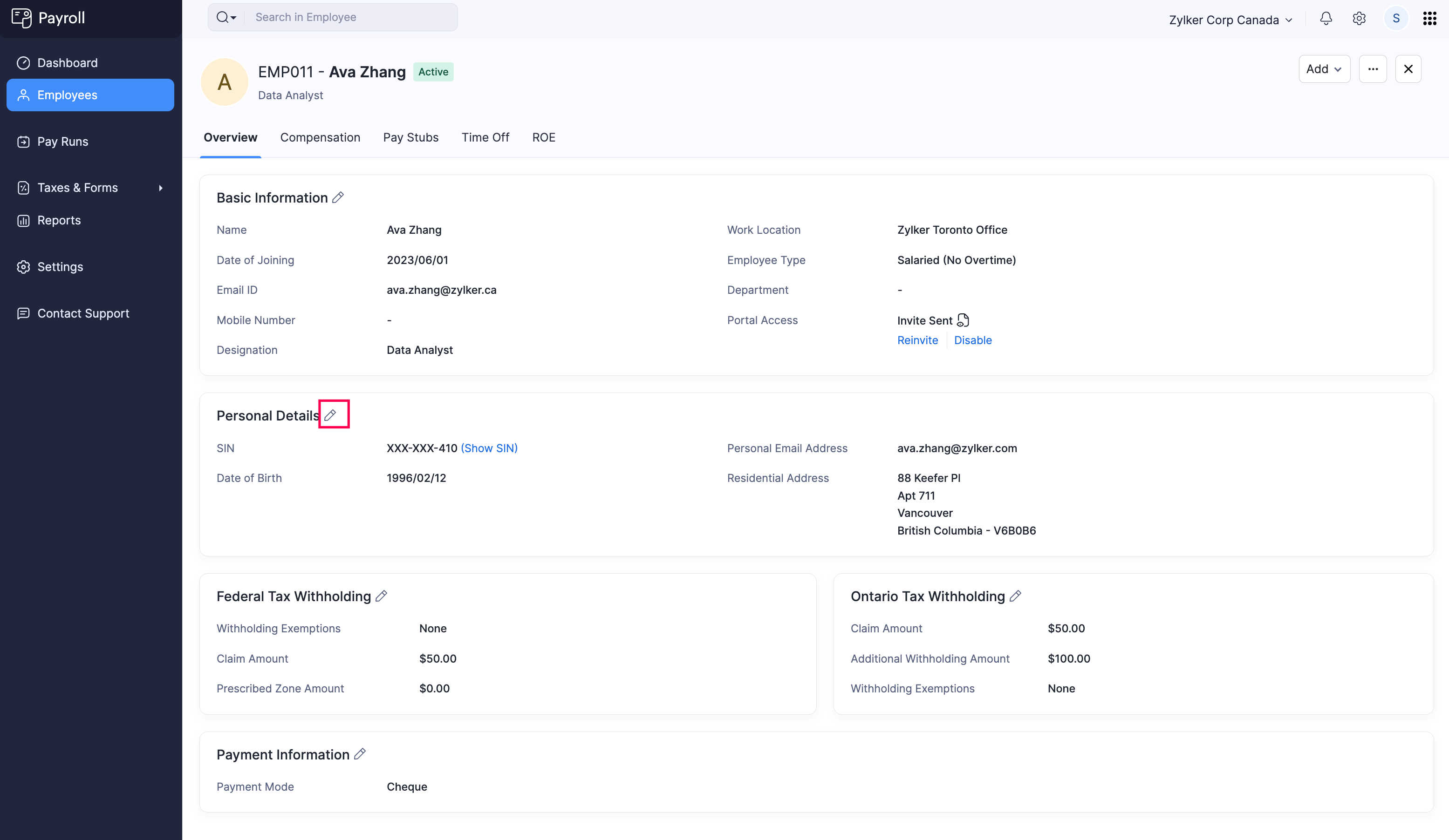 Click Edit Icon to Edit the Personal Details of an Employee