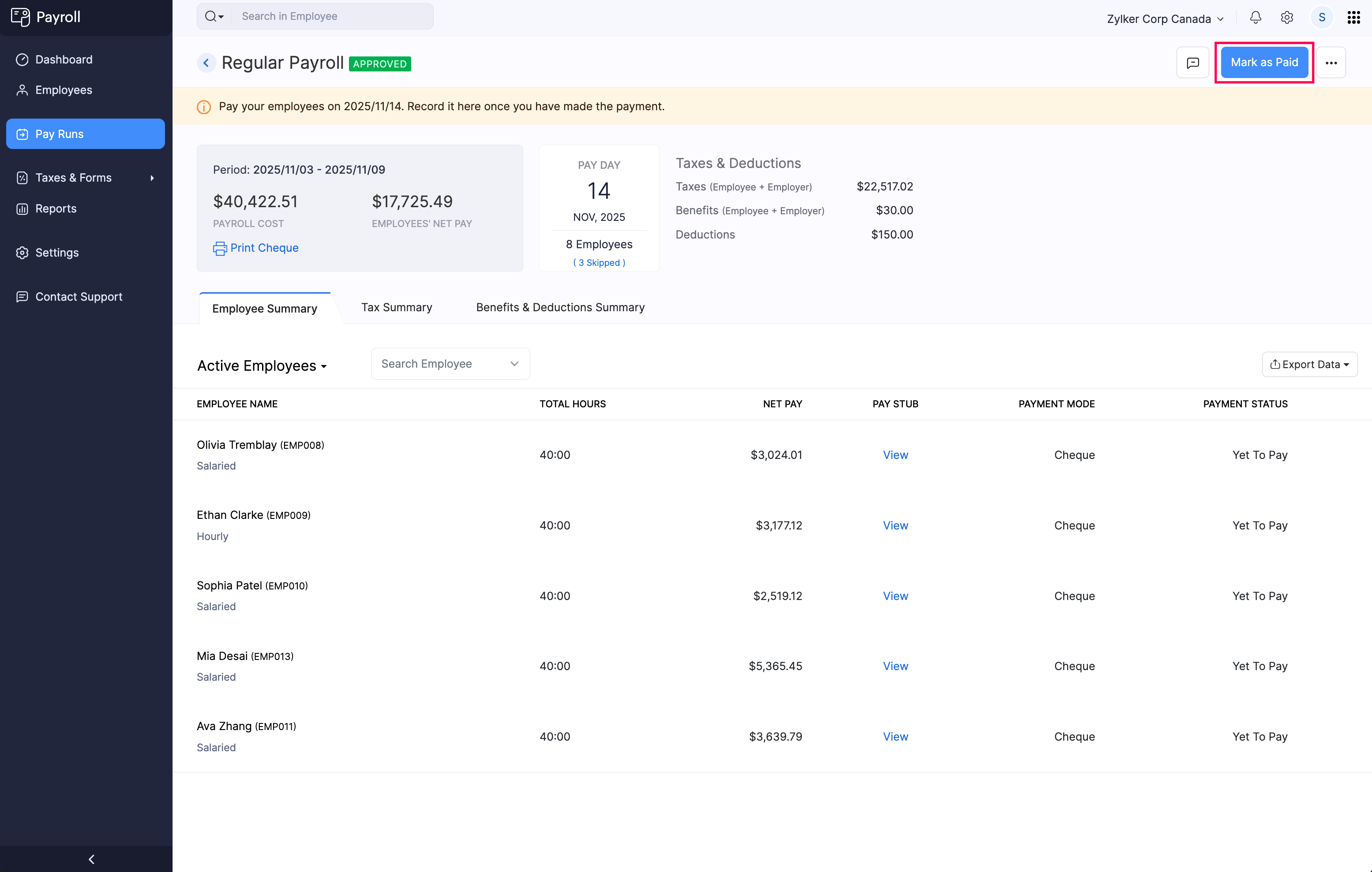 Mark as Paid Button to Record Payment for a Regular Payroll