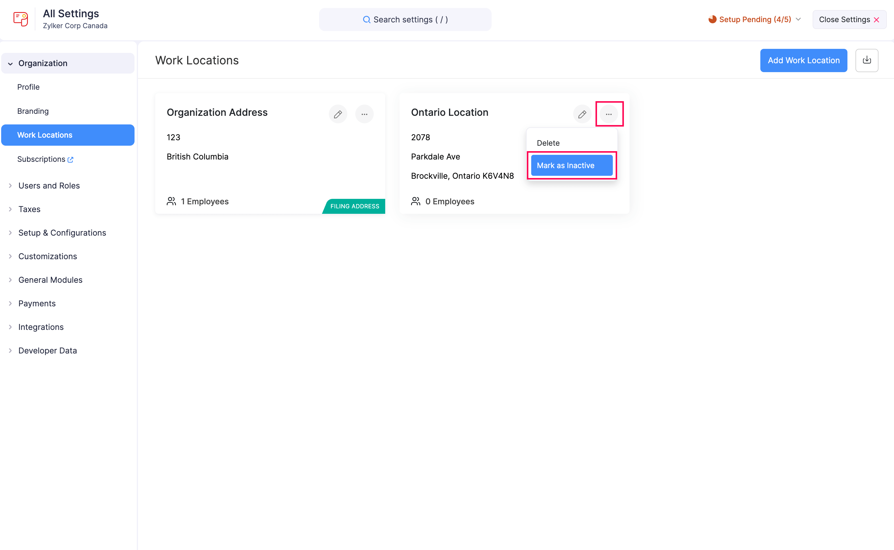 Mark a Work Location as Inactive in Zoho Payroll