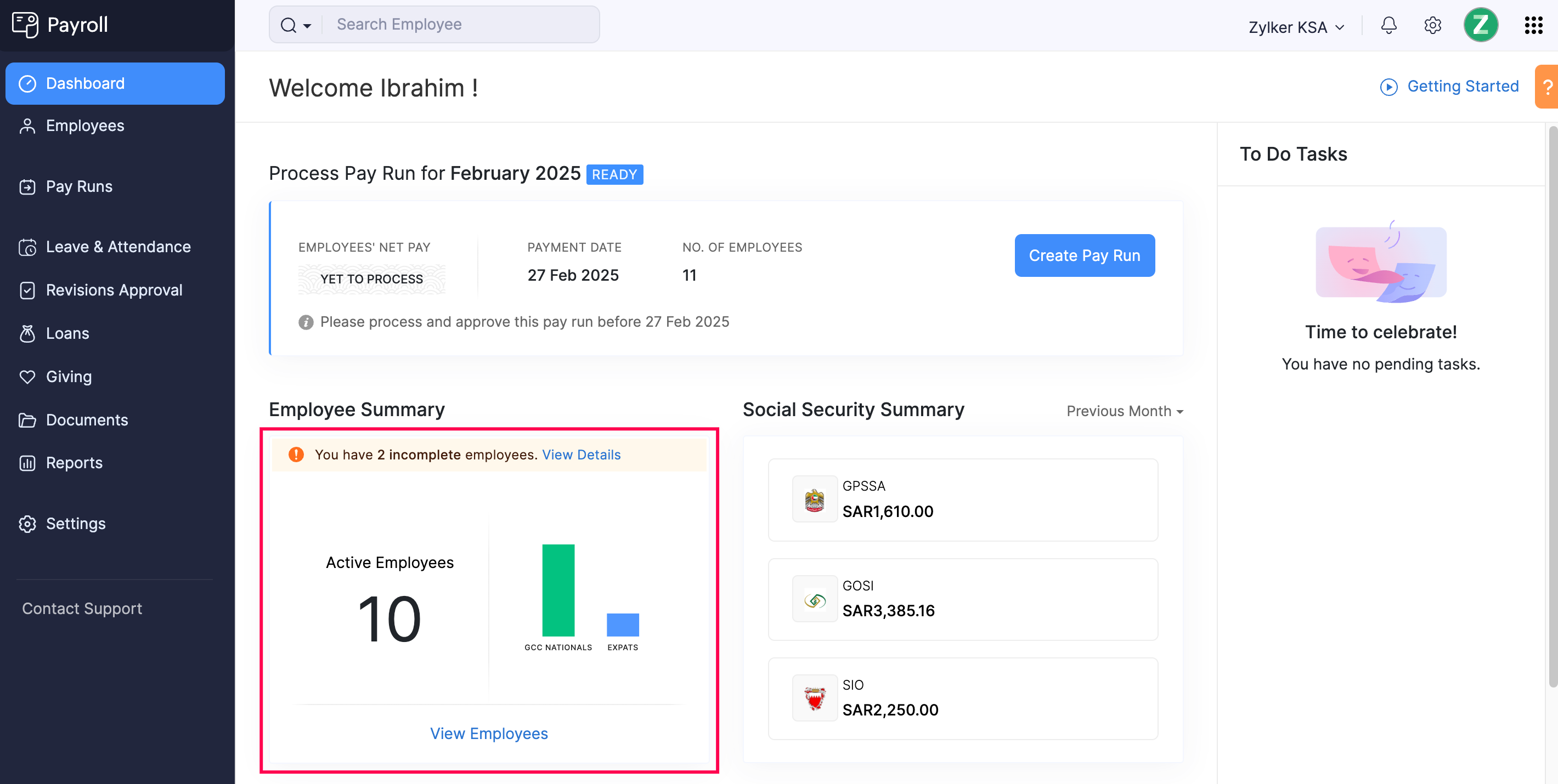 Employee Summary Section in Zoho Payroll&rsquo;s Dashboard