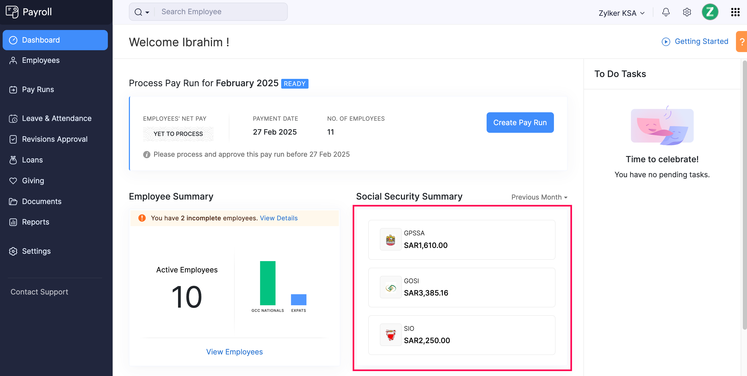 Social Security Summary Section in Zoho Payroll&rsquo;s Dashboard