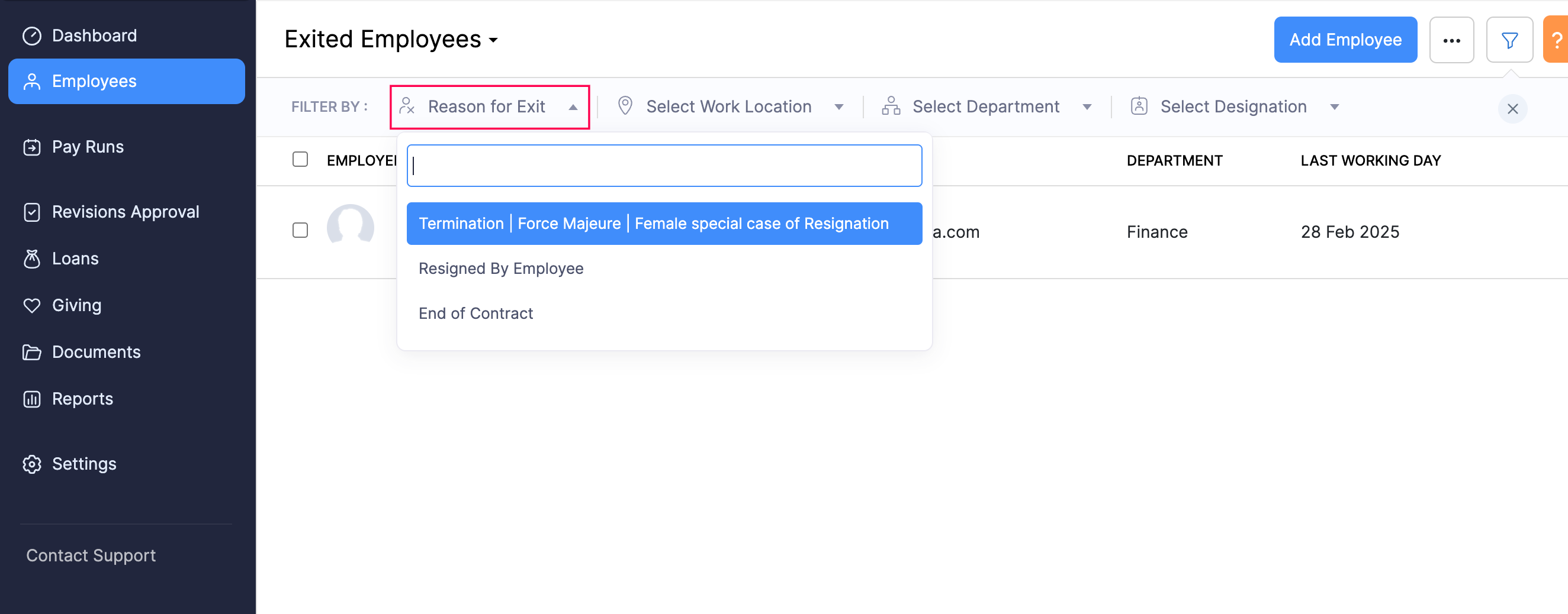 Filter Exited Employees based on Reason in Zoho Payroll