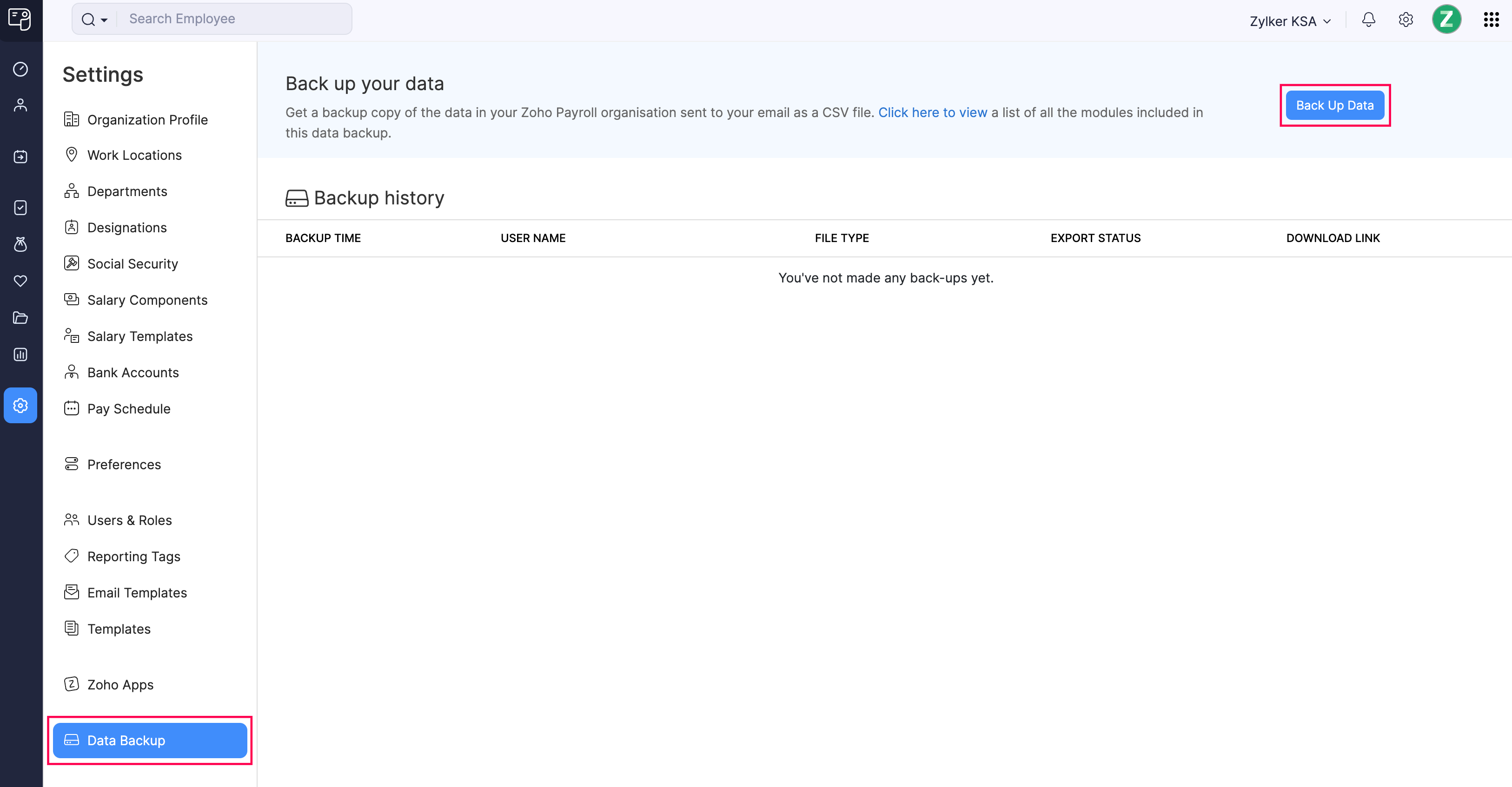 Back Up Data Button Zoho Payroll&rsquo;s Data Backup Page