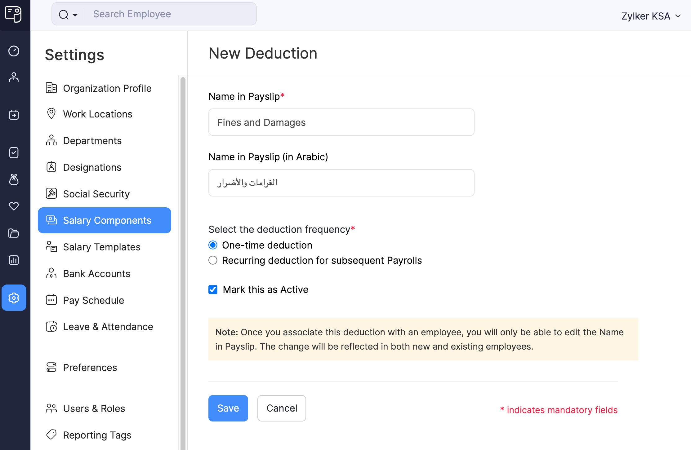 Add Deduction Details in Zoho Payroll&rsquo;s Salary Component Page