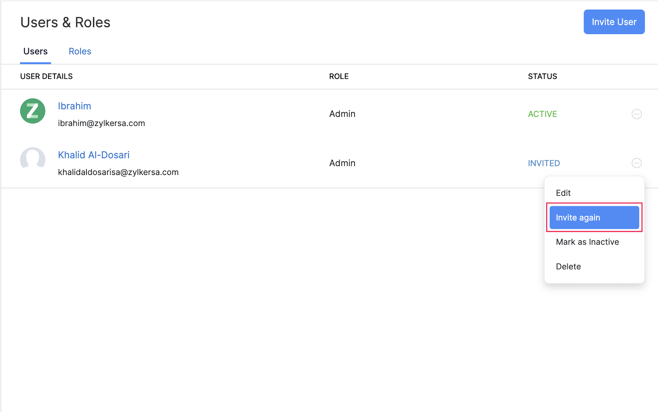 Re-invite a User in Zoho Payroll