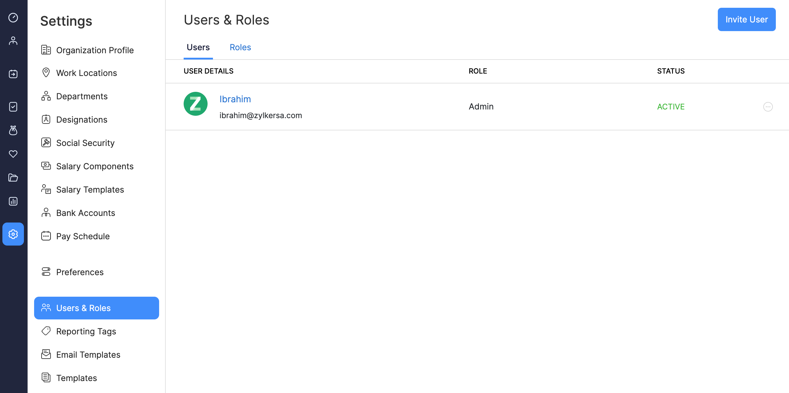Users Tab in Zoho Payroll