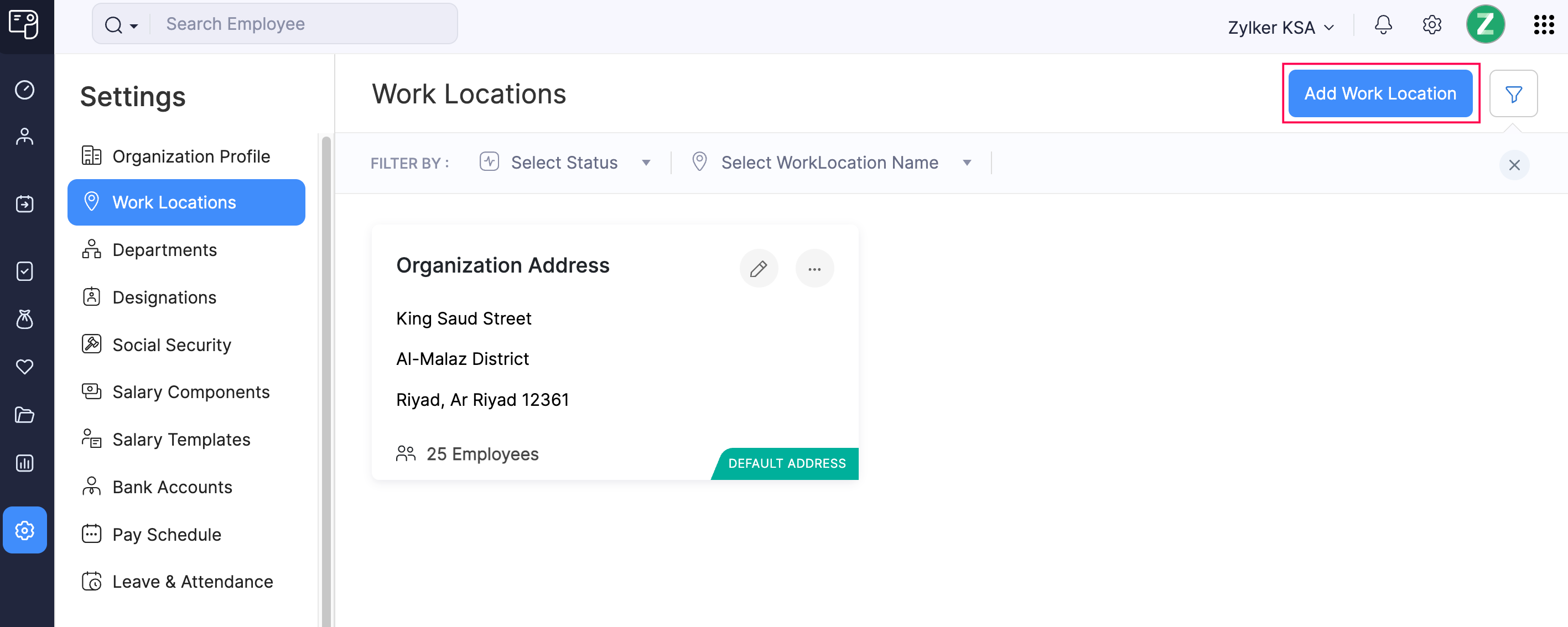Add Work Location Button in Zoho Payroll&rsquo;s Work Location Page