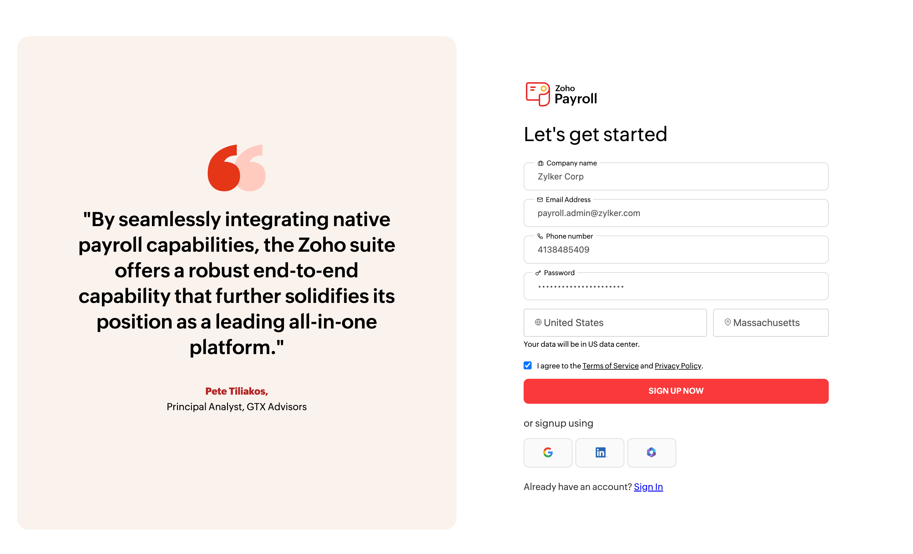 Sign Up for Zoho Payroll