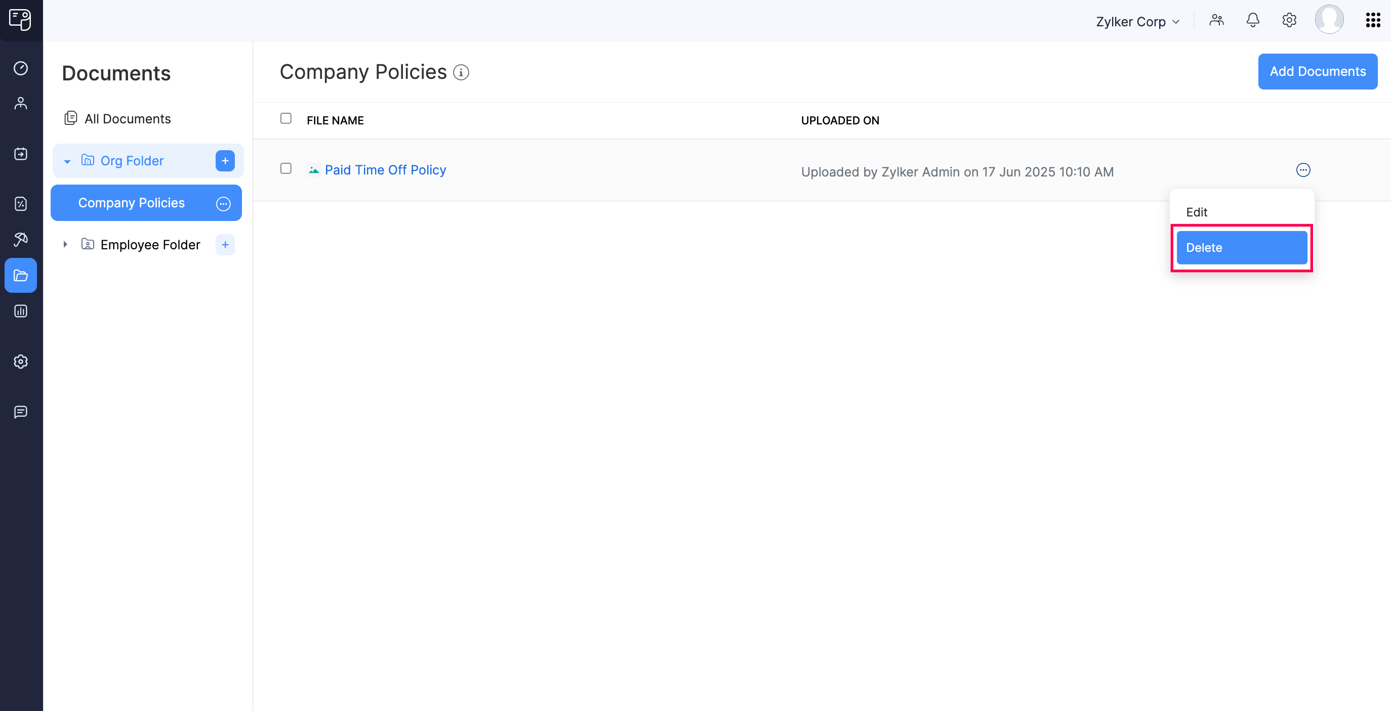 Delete Organizational Documents in Zoho Payroll