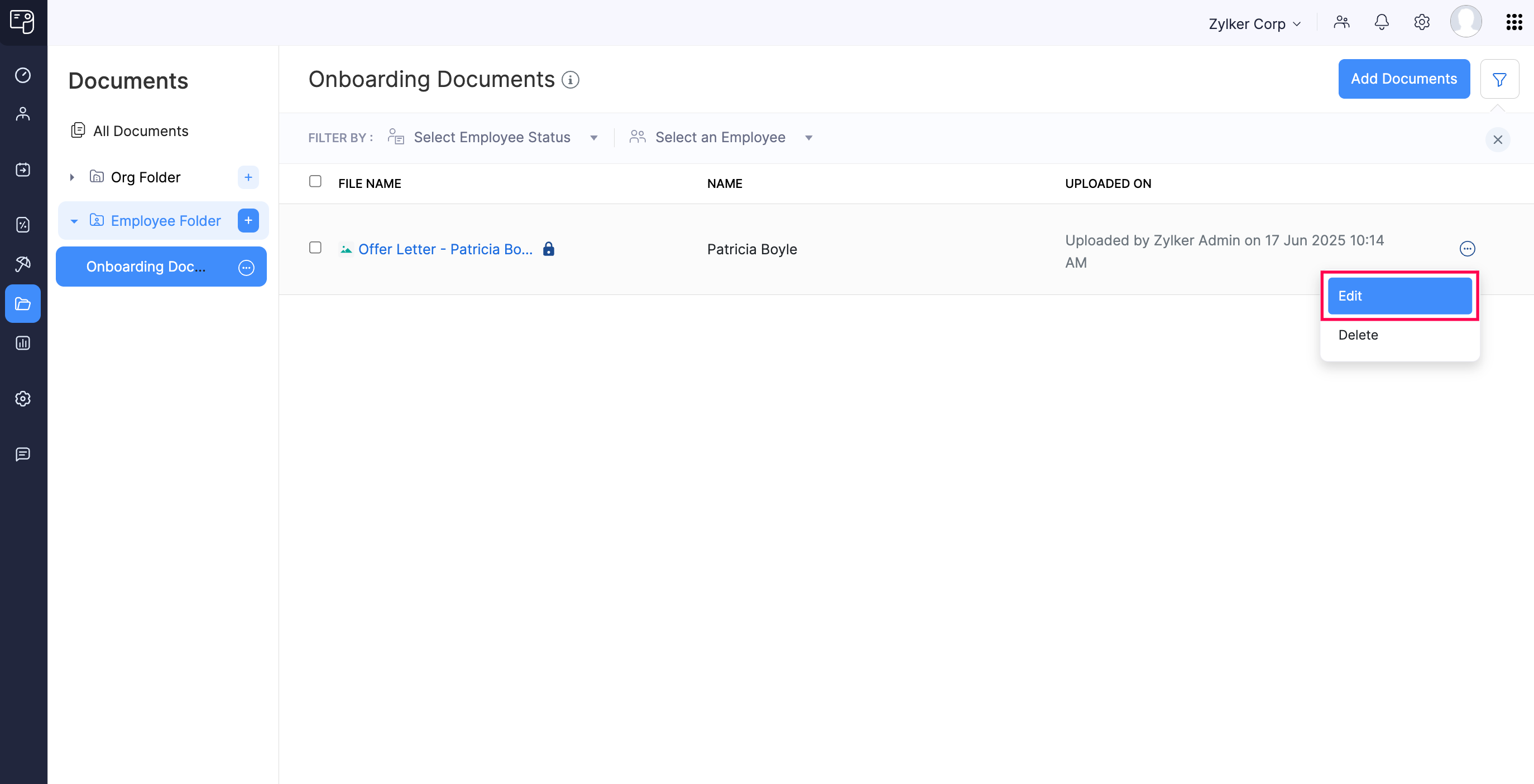 Edit Employee-Related Documents in Zoho Payroll