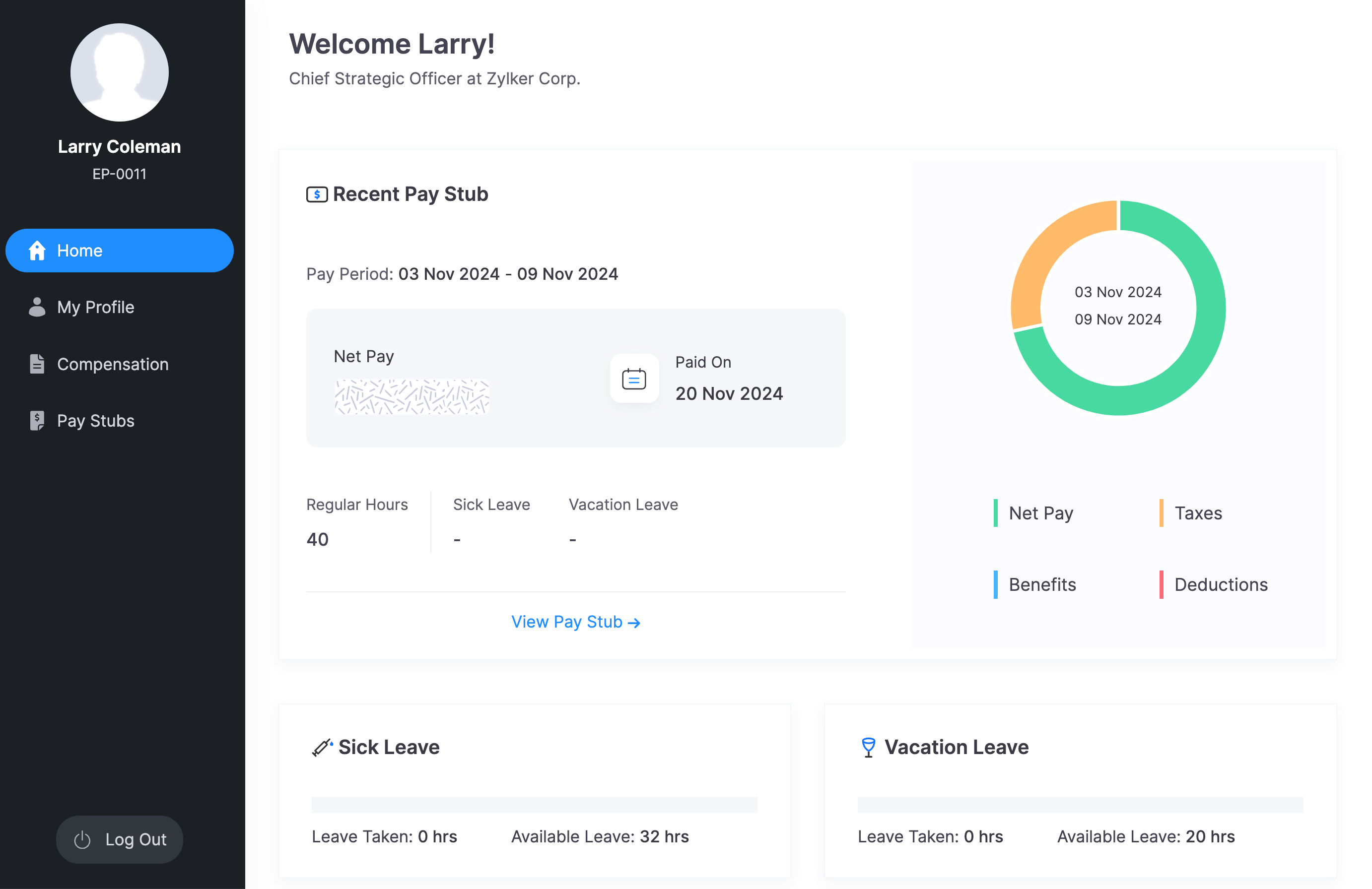 Home Page of Zoho Payroll&rsquo;s Employee Portal