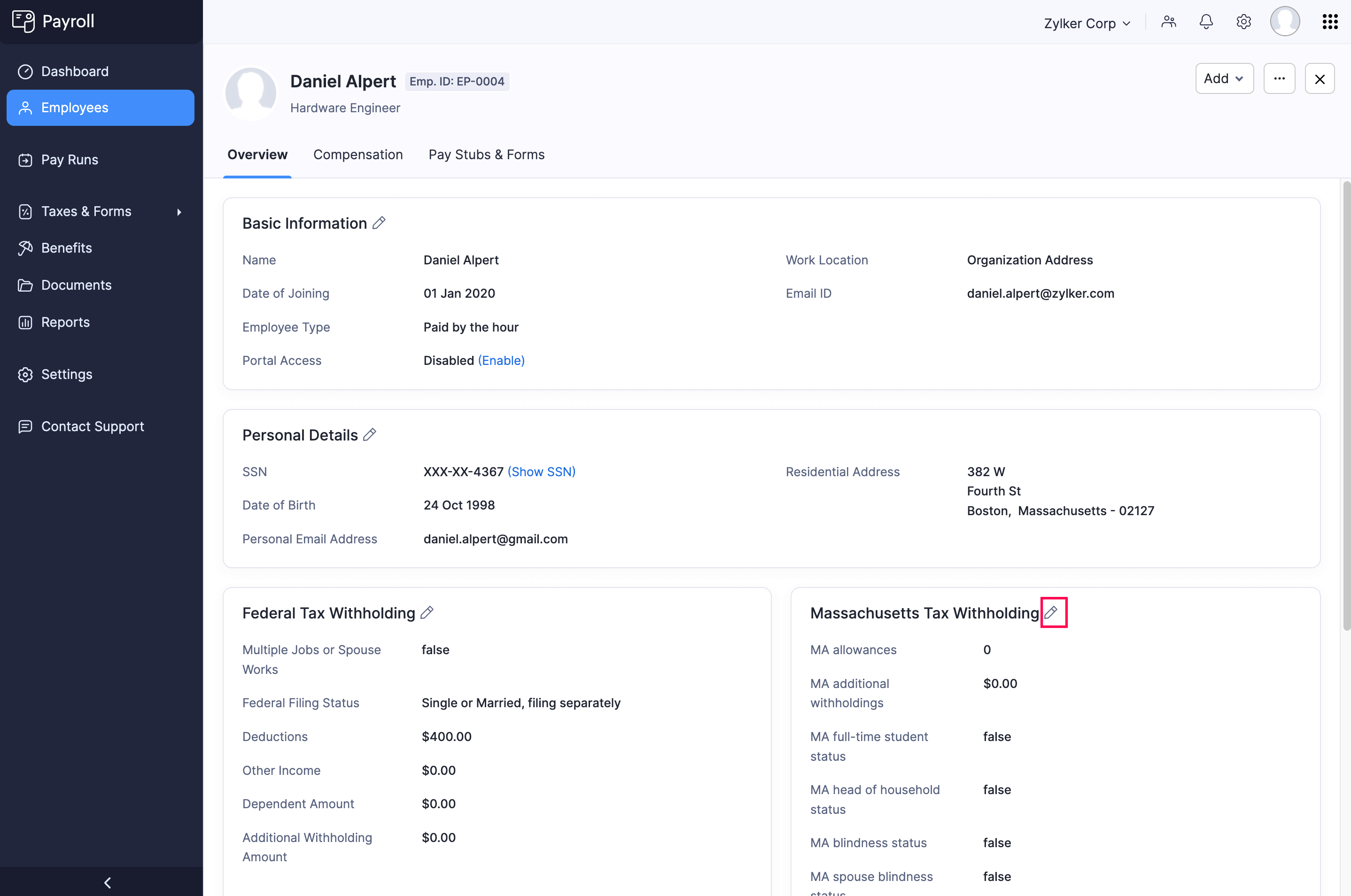 Click Edit Icon to Edit the State Details of an Employee